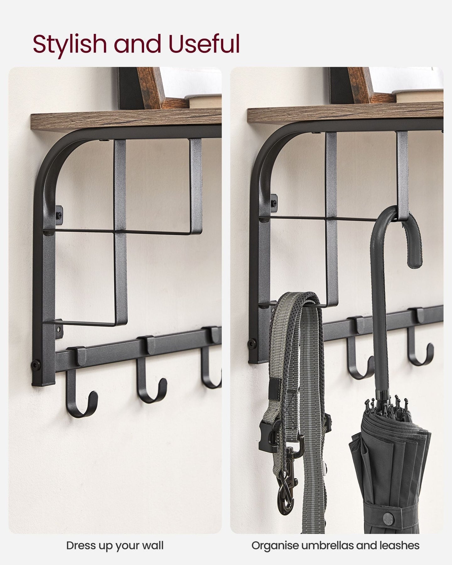 Wall-Mounted Coat Rack - 5 Hooks and Shelf - Wood - Greige and Black - Study and Reliable Design