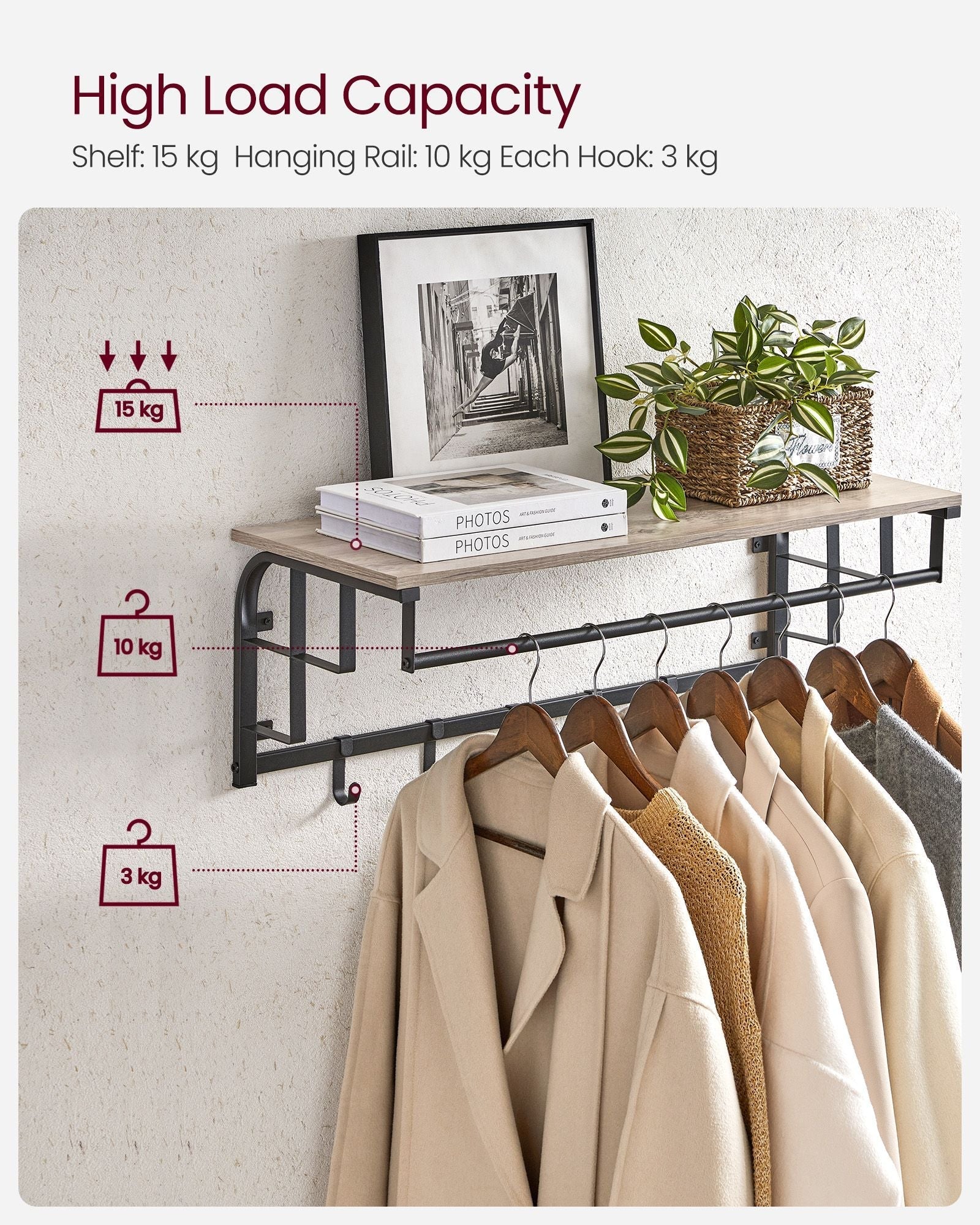 Wall-Mounted Coat Rack - 5 Hooks and Shelf - Wood - Greige and Black - Study and Reliable Design