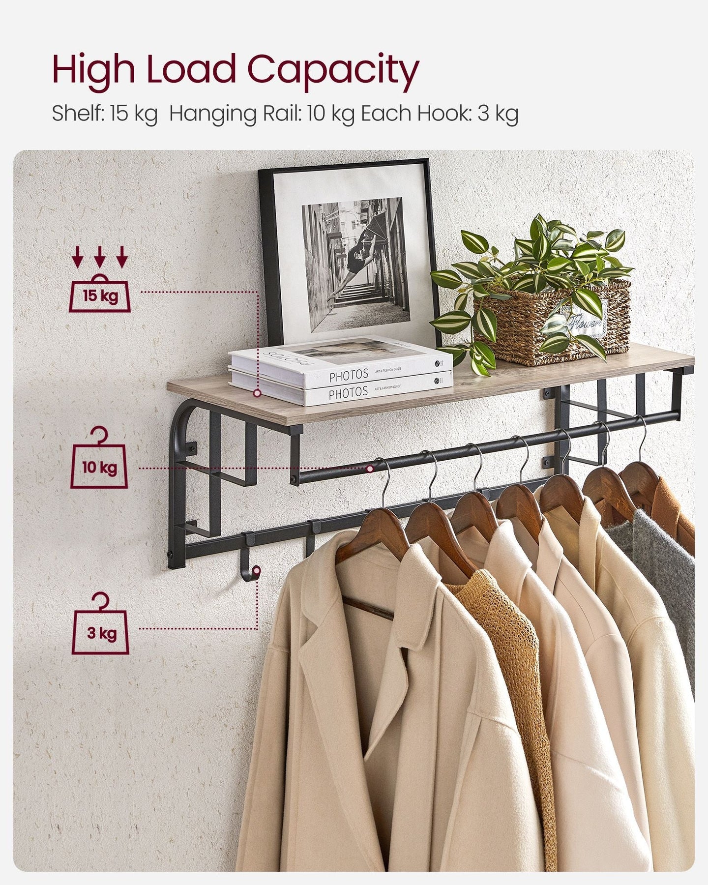 Wall-Mounted Coat Rack - 5 Hooks and Shelf - Wood - Greige and Black - Study and Reliable Design
