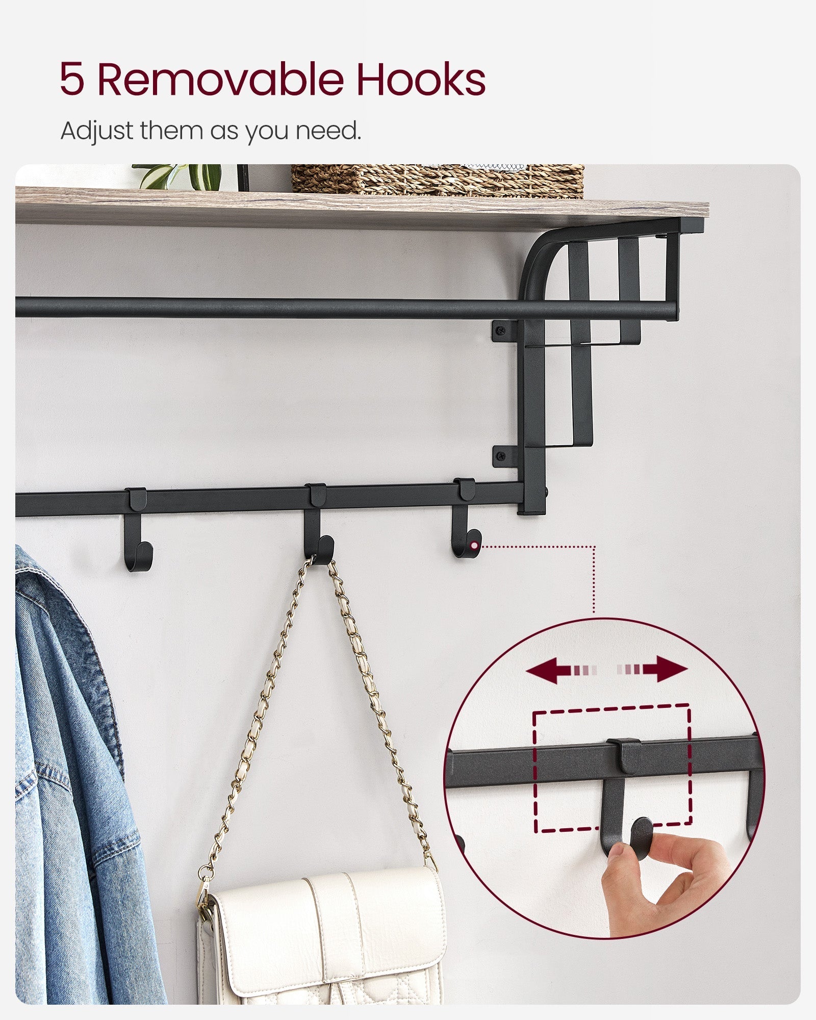 Wall-Mounted Coat Rack - 5 Hooks and Shelf - Wood - Greige and Black - Study and Reliable Design