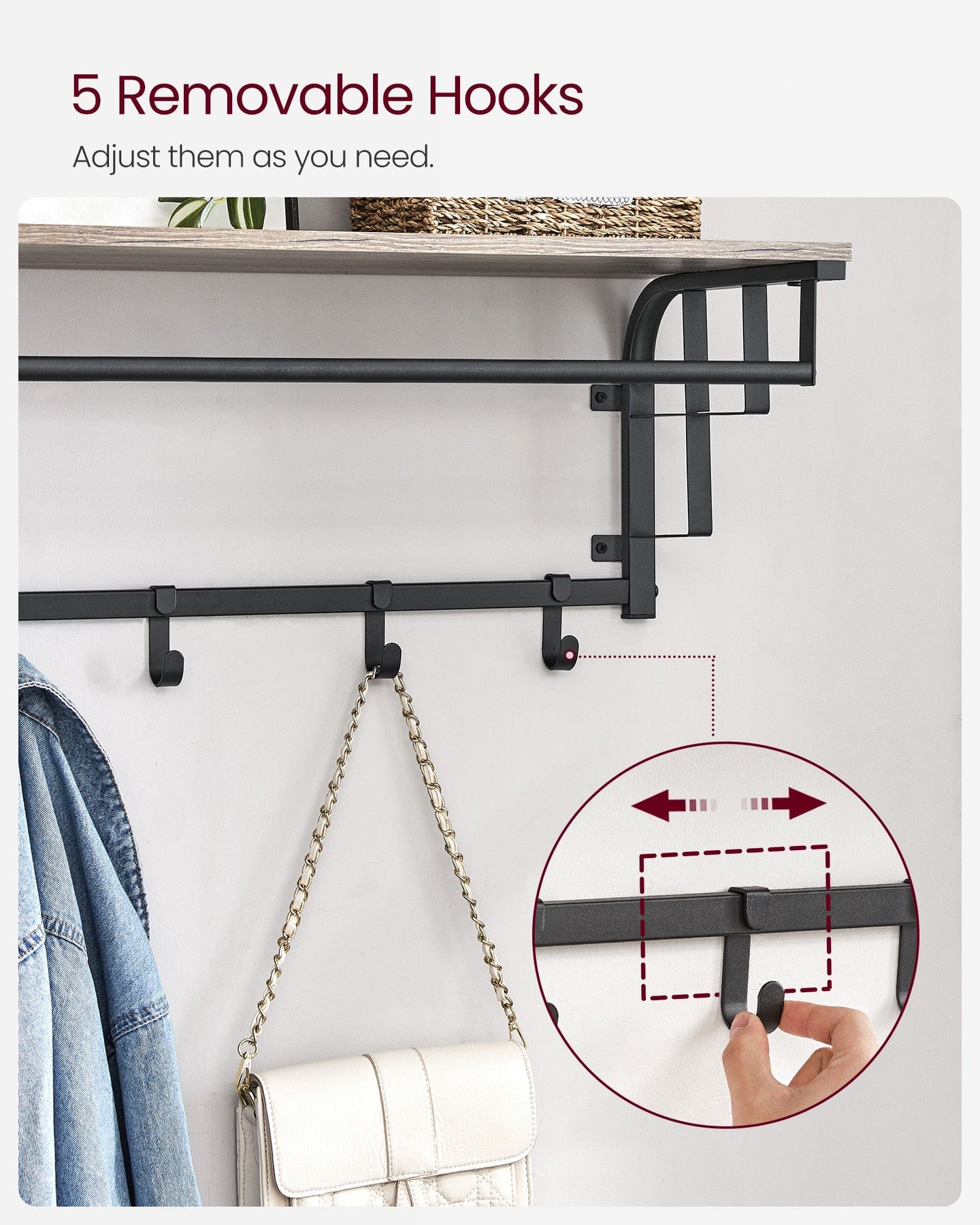Wall-Mounted Coat Rack - 5 Hooks and Shelf - Wood - Greige and Black - Study and Reliable Design