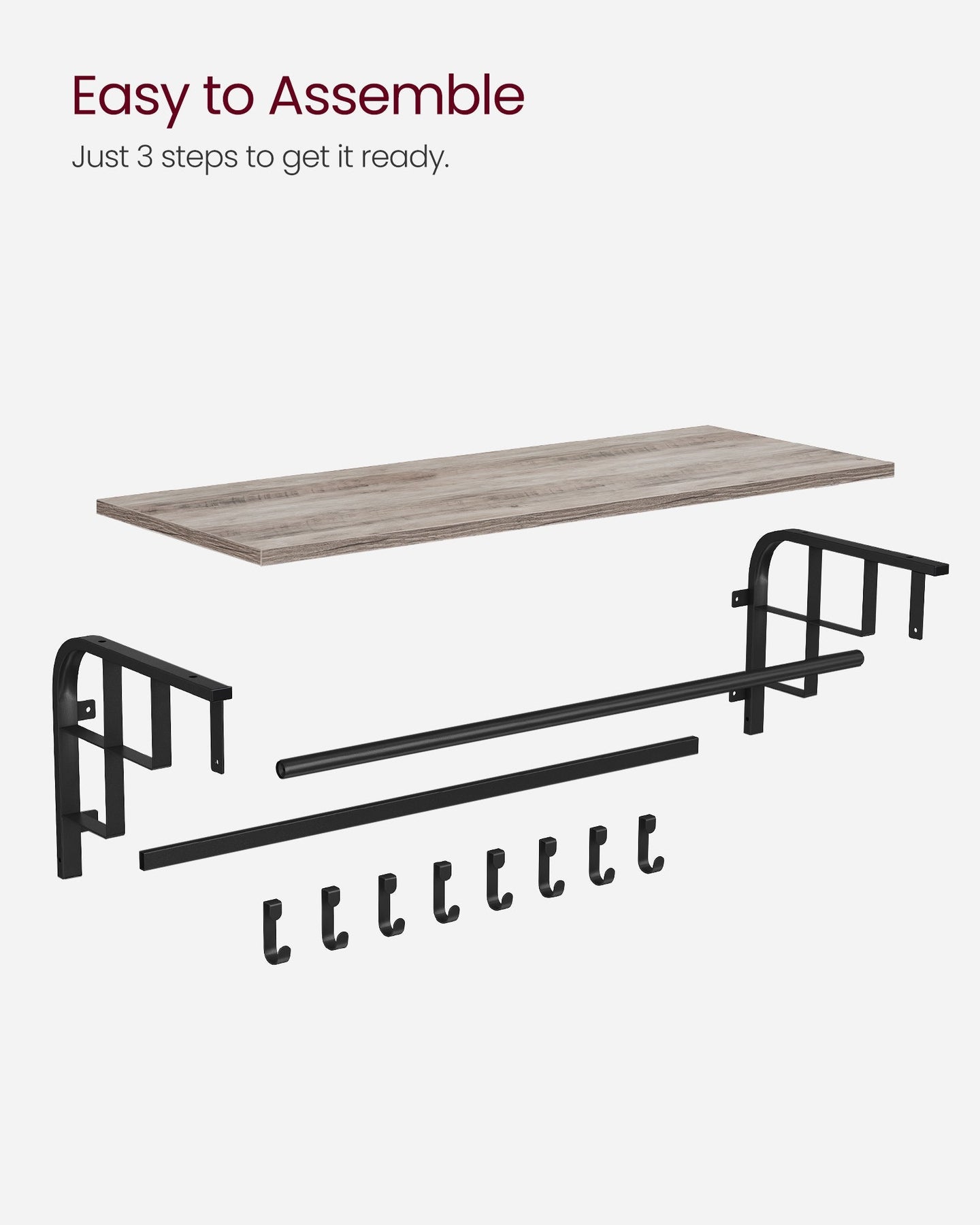 Wall-Mounted Coat Rack - 5 Hooks and Shelf - Wood - Greige and Black - Study and Reliable Design