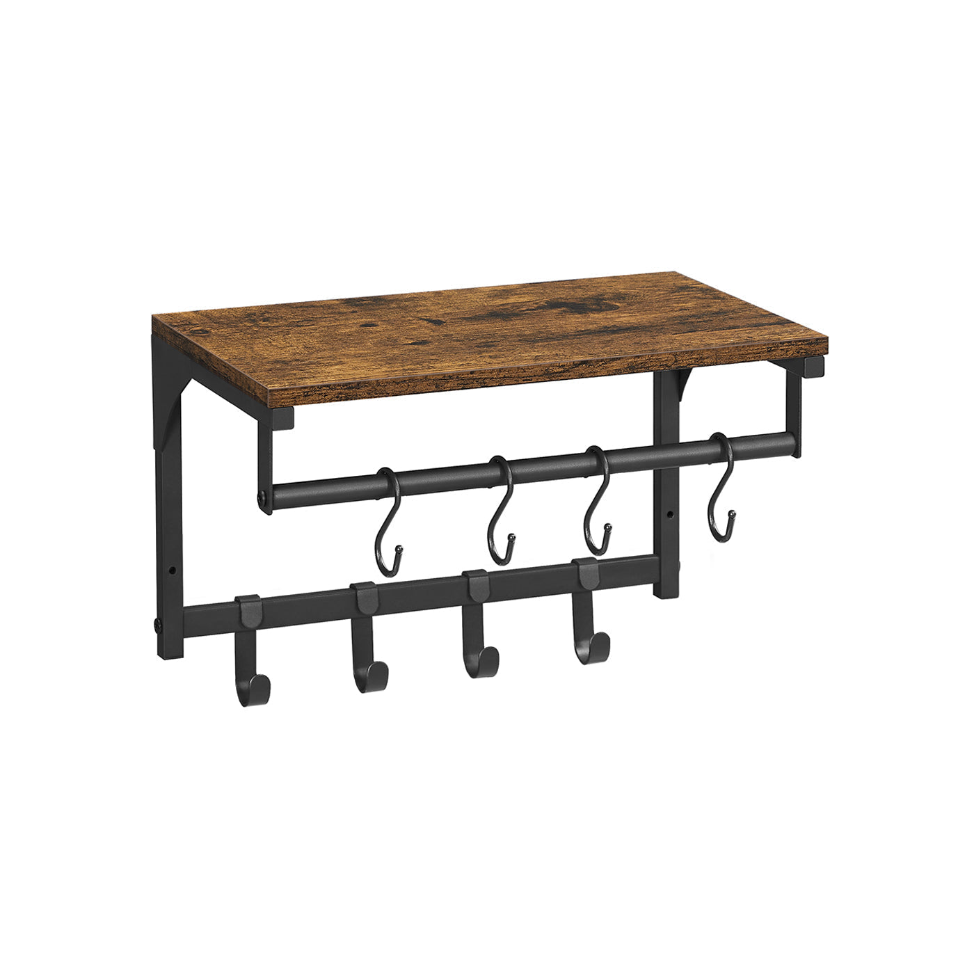 Coat Rack - 8 Hooks with Shelf - Wood - Rustic Brown and Black