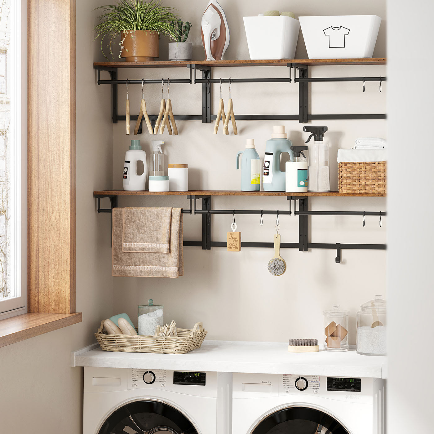 Coat Rack - 8 Hooks with Shelf - Wood - Rustic Brown and Black