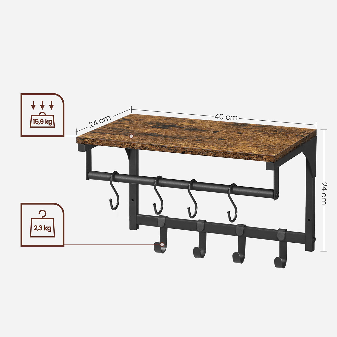 Coat Rack - 8 Hooks with Shelf - Wood - Rustic Brown and Black