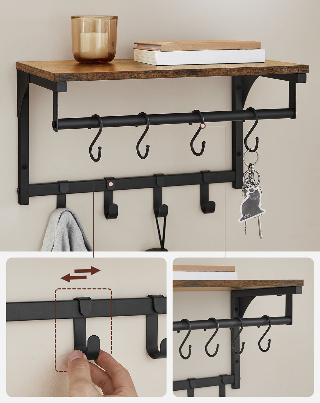 Coat Rack - 8 Hooks with Shelf - Wood - Rustic Brown and Black