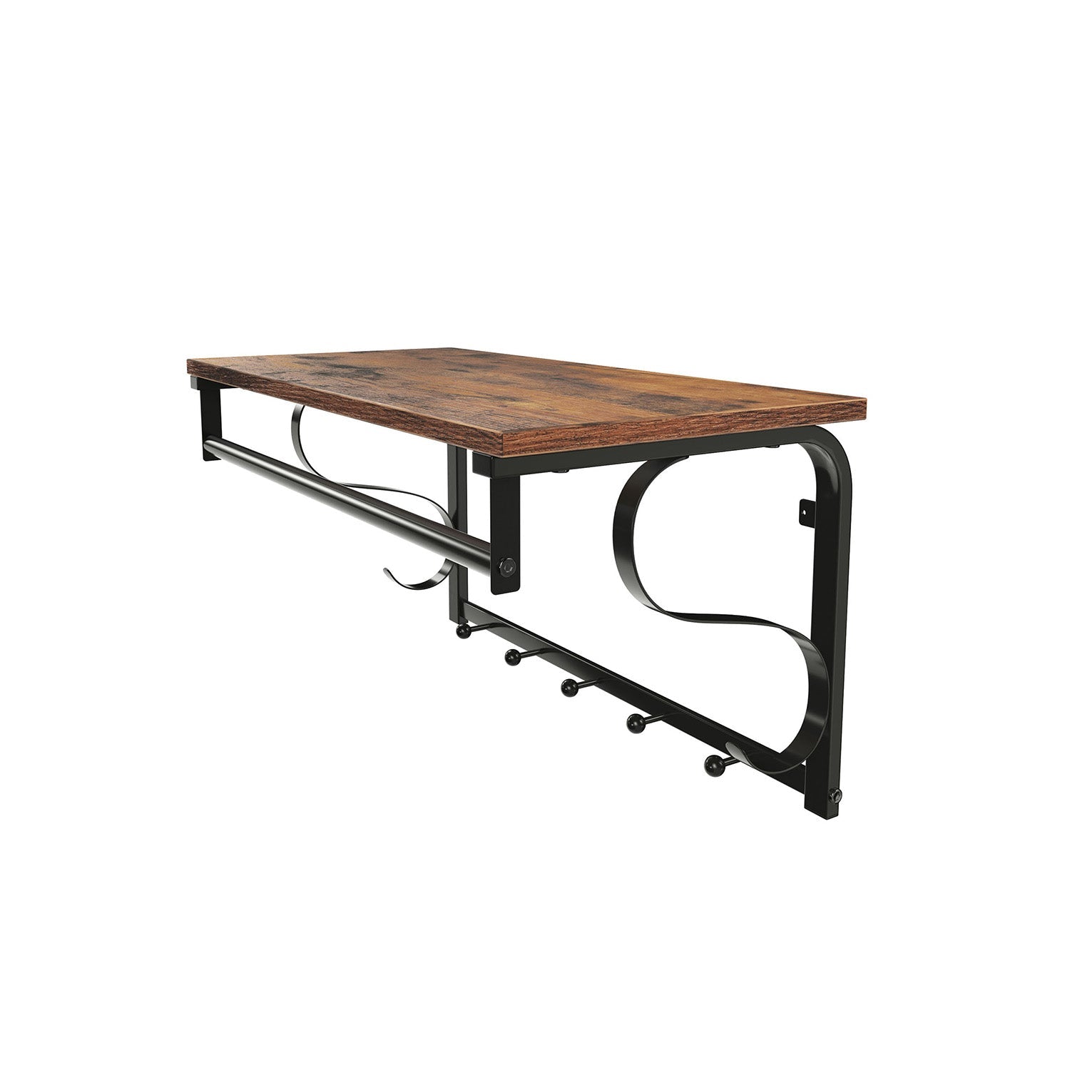 Coat Rack Shelf - Wood - Rustic Brown and Black - Wall Mounted with 5 Hooks and Hanging Rail