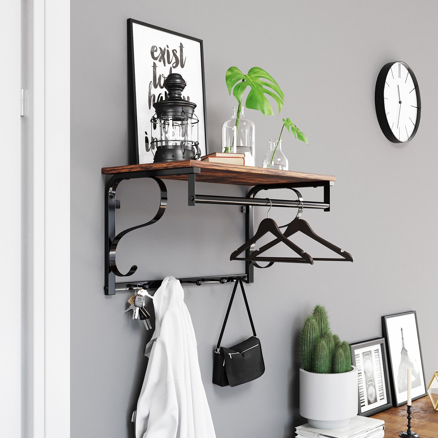 Coat Rack Shelf - Wood - Rustic Brown and Black - Wall Mounted with 5 Hooks and Hanging Rail