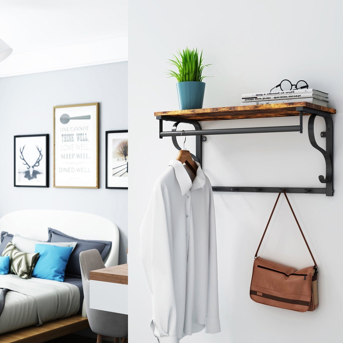 Coat Rack Shelf - Wood - Rustic Brown and Black - Wall Mounted with 5 Hooks and Hanging Rail