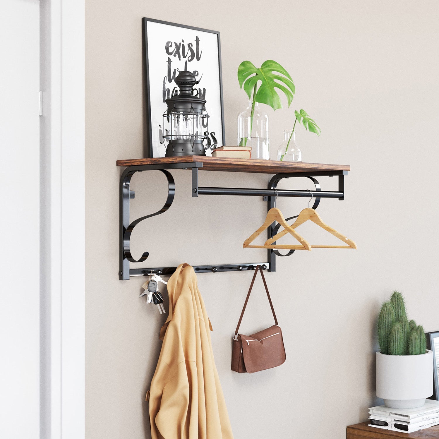 Coat Rack Shelf - Wood - Rustic Brown and Black - Wall Mounted with 5 Hooks and Hanging Rail