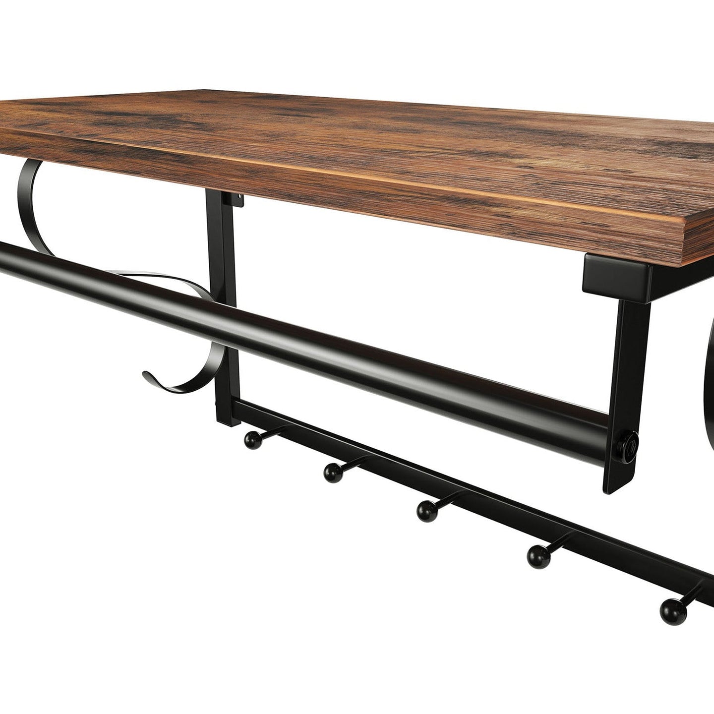 Coat Rack Shelf - Wood - Rustic Brown and Black - Wall Mounted with 5 Hooks and Hanging Rail