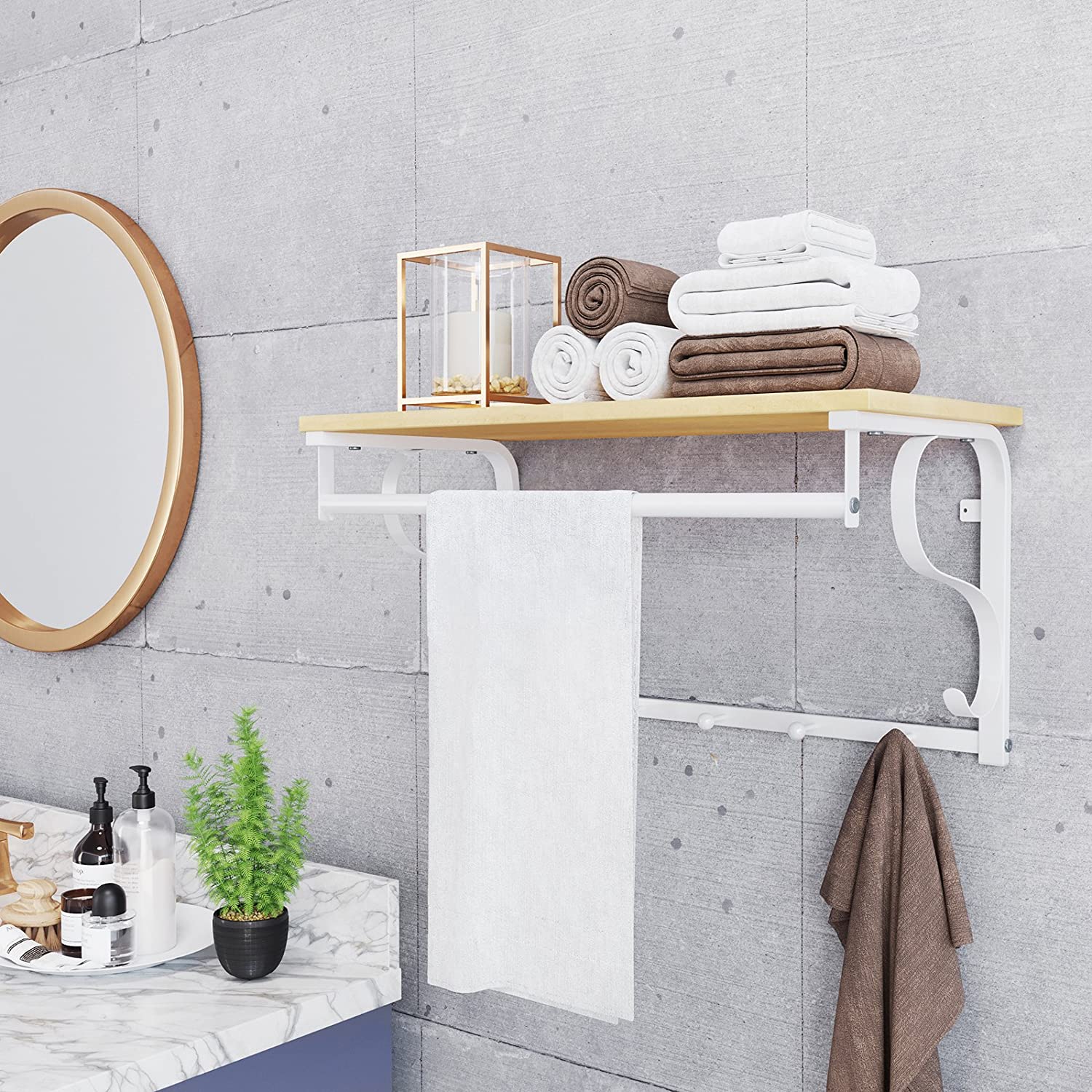 Wall Mounted Coat Rack Shelf - Wood - Rustic Brown and Black - 5 Hooks and Hanging Rail