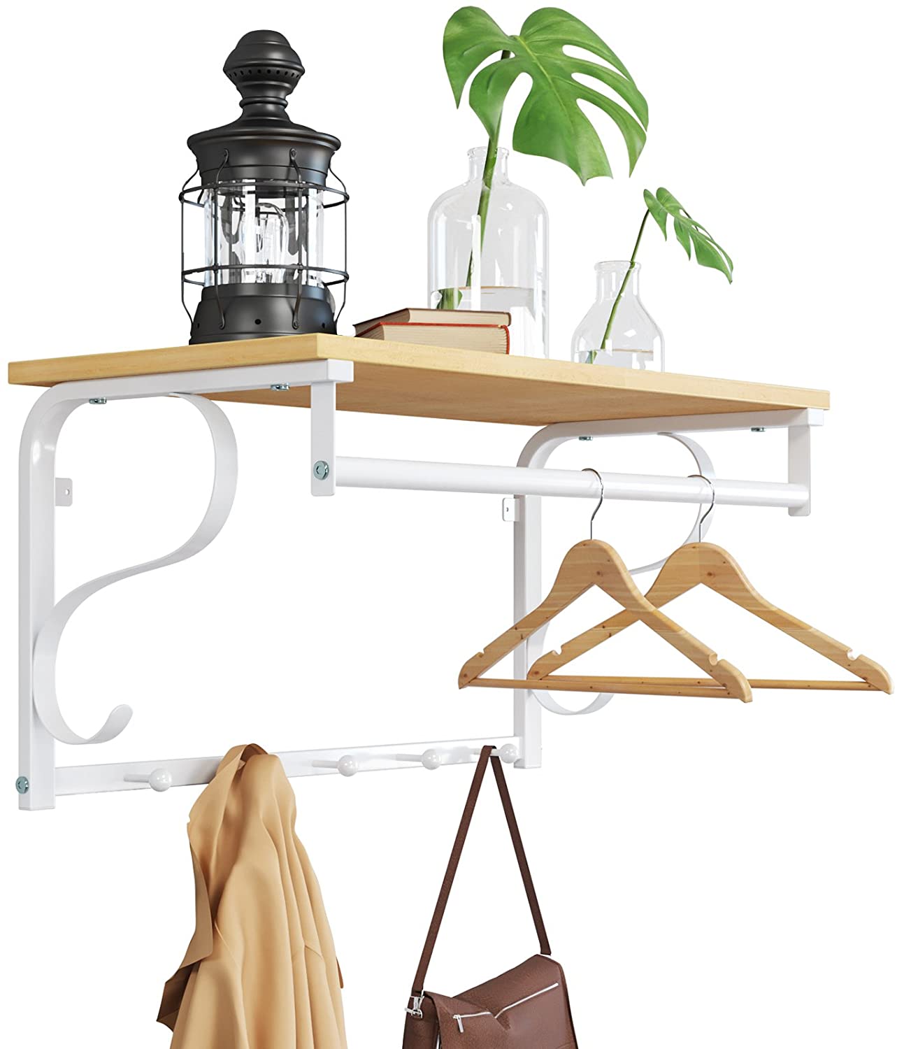 Wall Mounted Coat Rack Shelf - Wood - Rustic Brown and Black - 5 Hooks and Hanging Rail