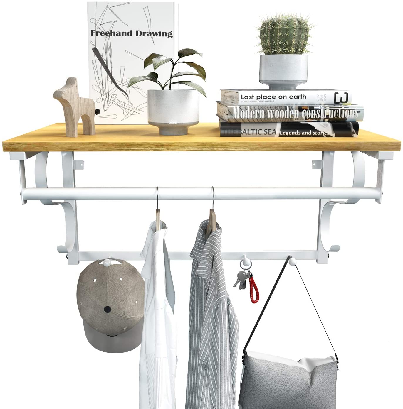 Wall Mounted Coat Rack Shelf - Wood - Rustic Brown and Black - 5 Hooks and Hanging Rail