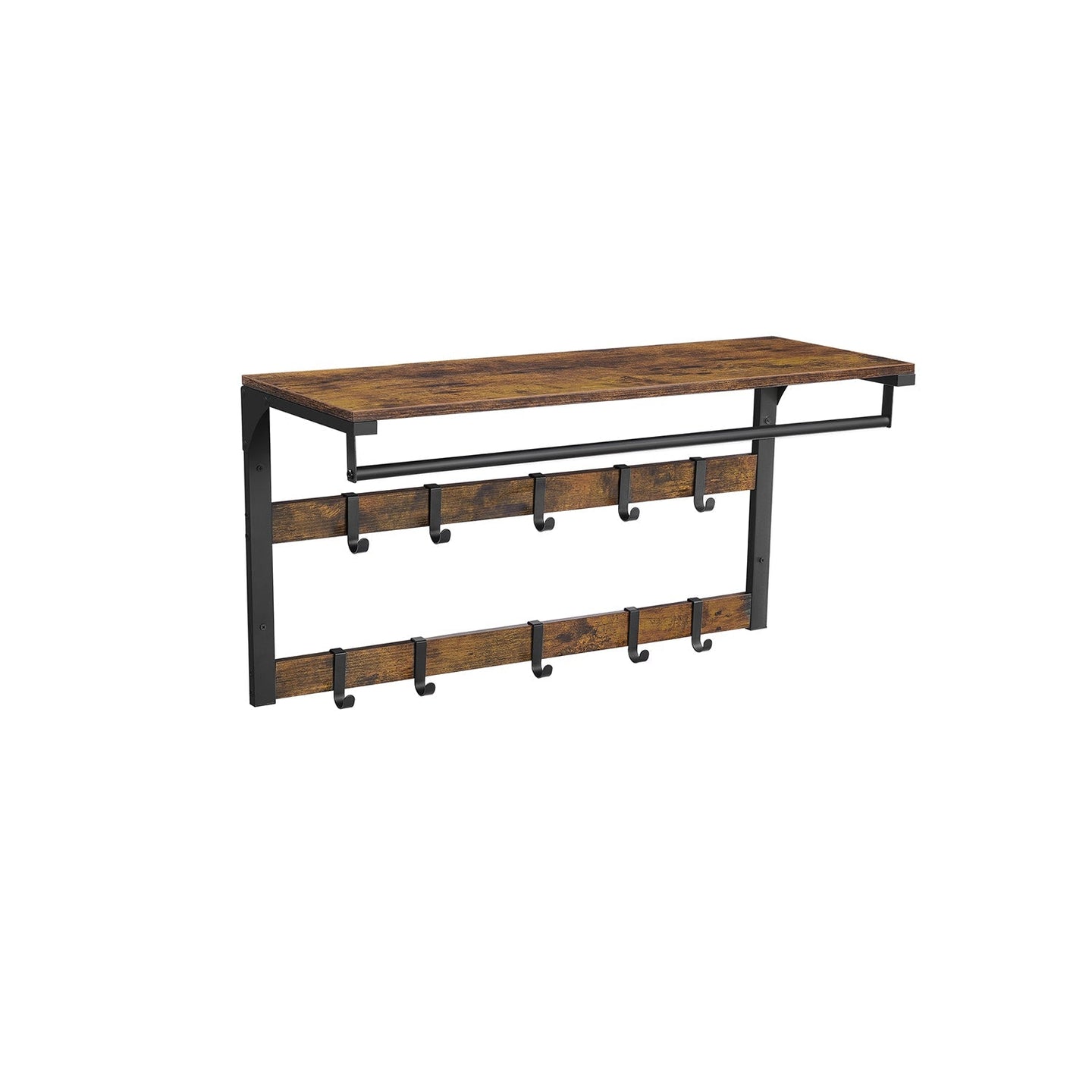Wall-Mounted Coat Rack - Wood - Rustic Brown and Black - 10 Removable Hooks with Shelf