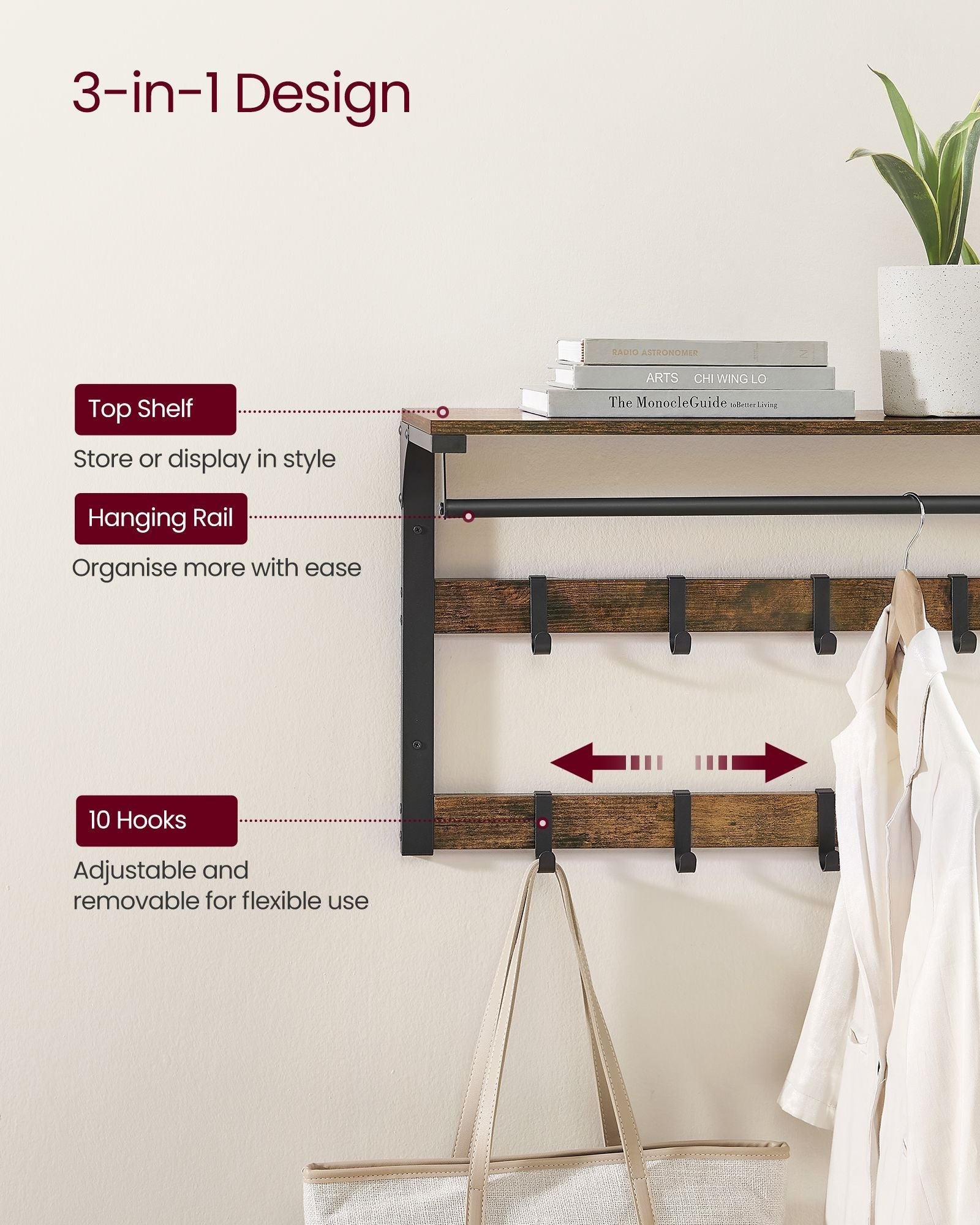Wall-Mounted Coat Rack - Wood - Rustic Brown and Black - 10 Removable Hooks with Shelf