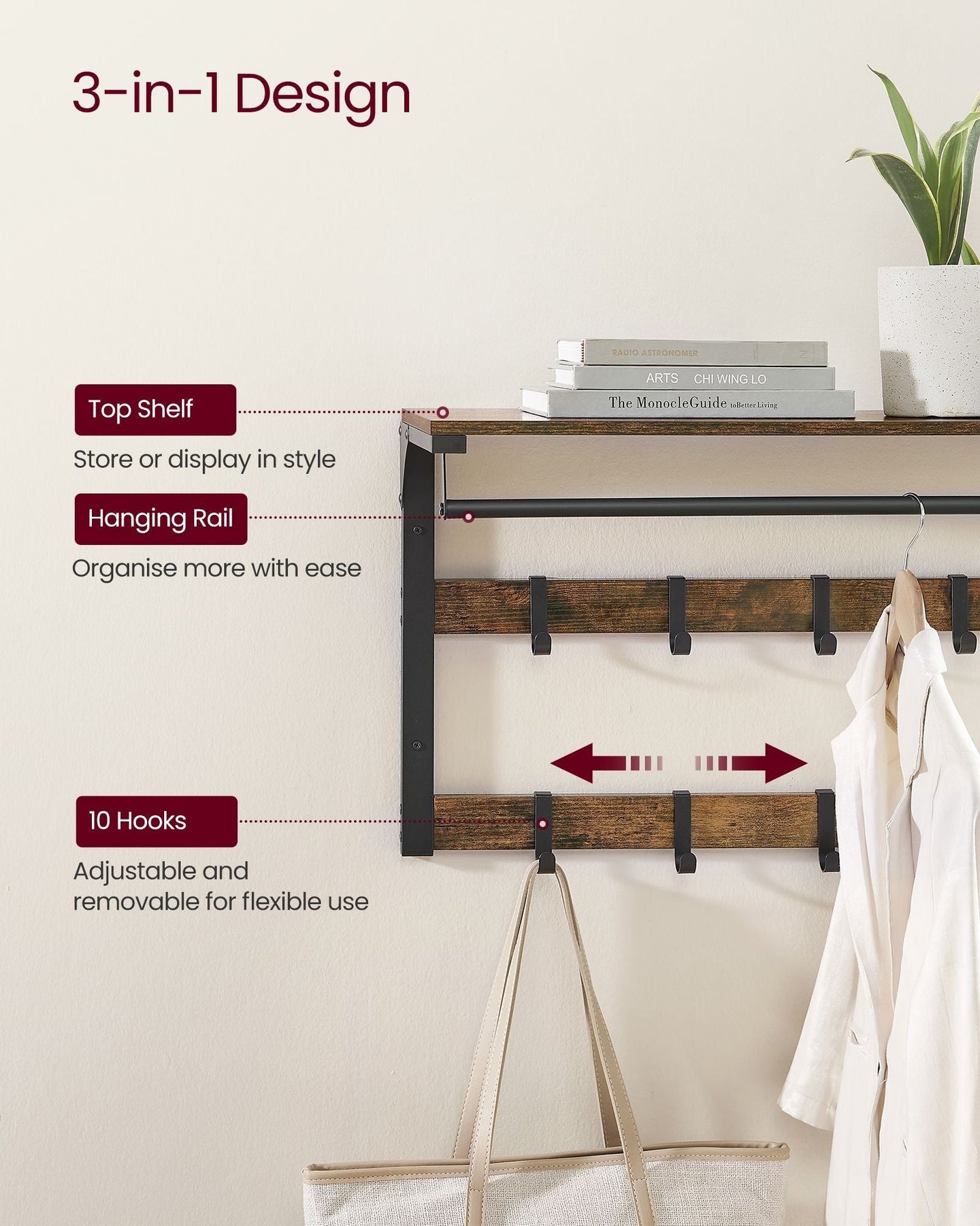 Wall-Mounted Coat Rack - Wood - Rustic Brown and Black - 10 Removable Hooks with Shelf