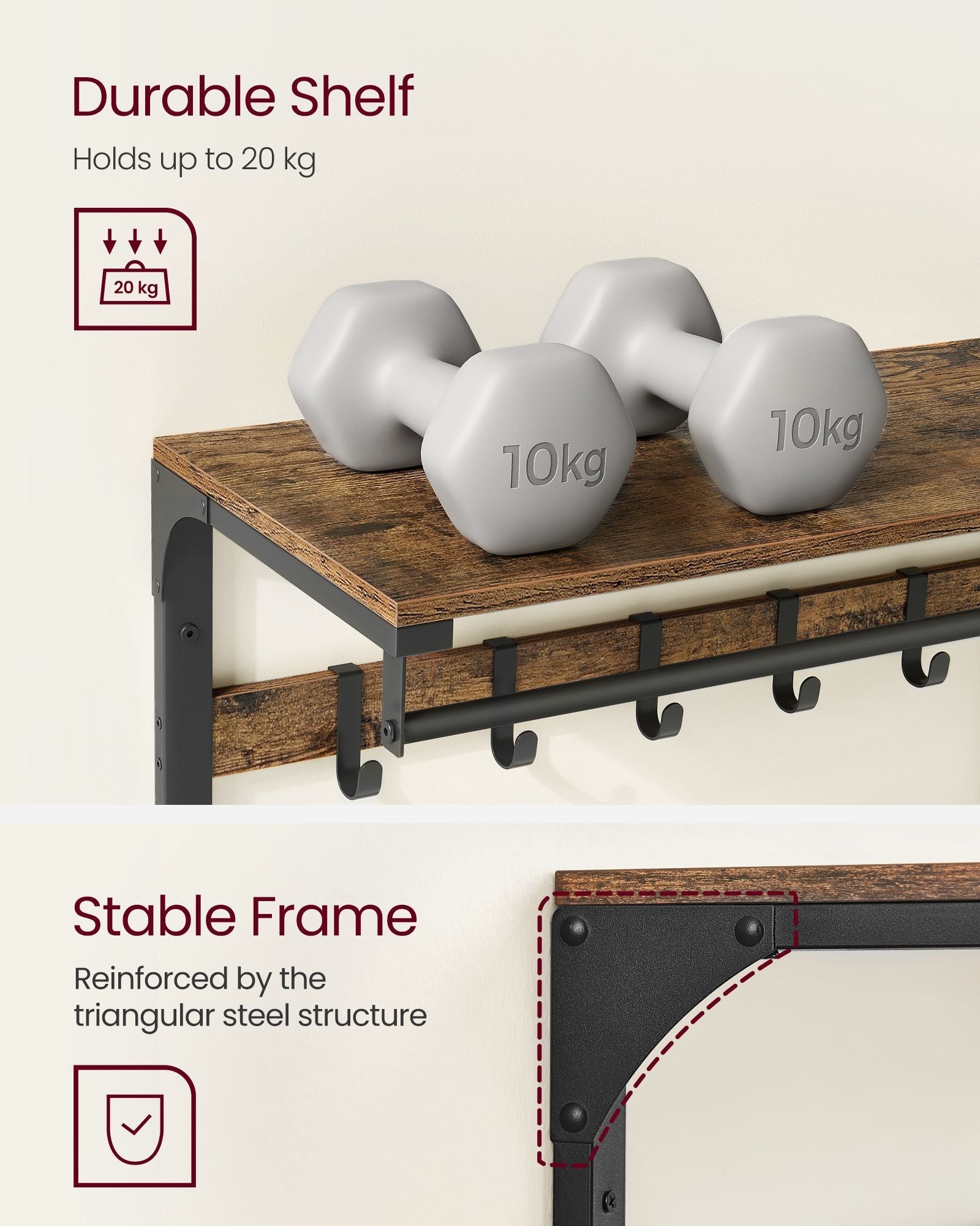 Wall-Mounted Coat Rack - Wood - Rustic Brown and Black - 10 Removable Hooks with Shelf