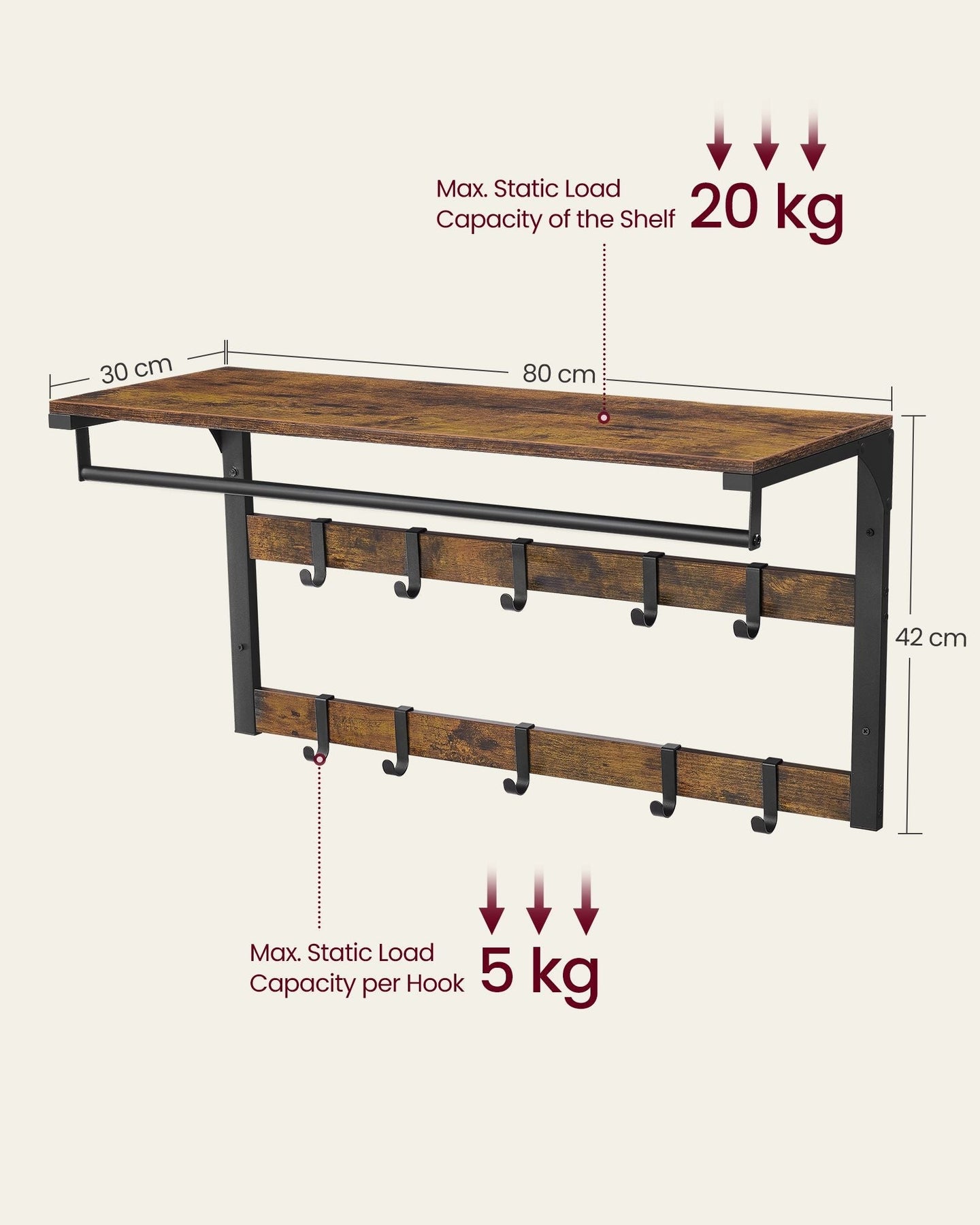 Wall-Mounted Coat Rack - Wood - Rustic Brown and Black - 10 Removable Hooks with Shelf
