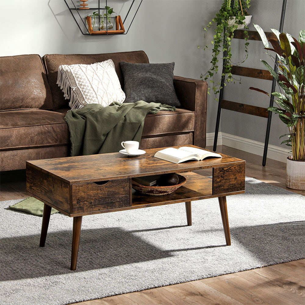 Coffee Table - Wood - Rustic Brown - Storage Drawer and Open Compartment
