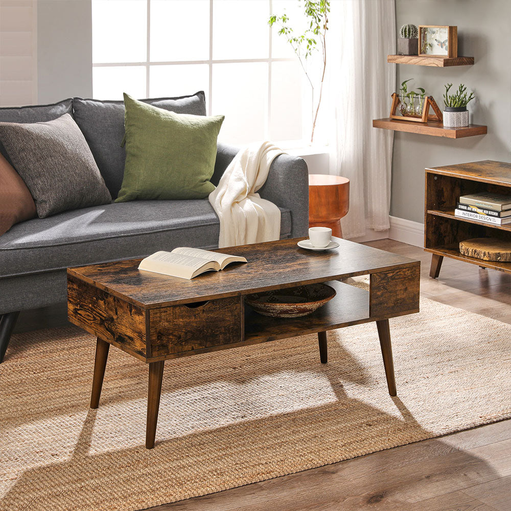 Coffee Table - Wood - Rustic Brown - Storage Drawer and Open Compartment