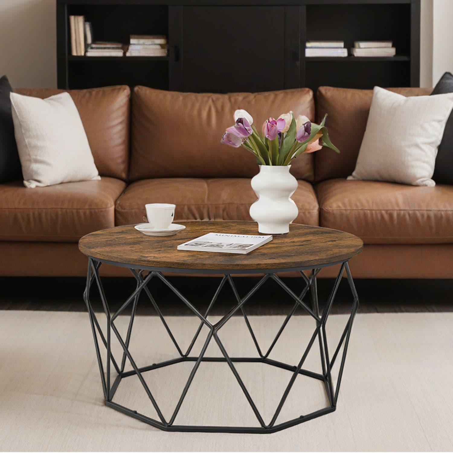 Round Coffee Table - Steel Frame - Rustic Brown and Black