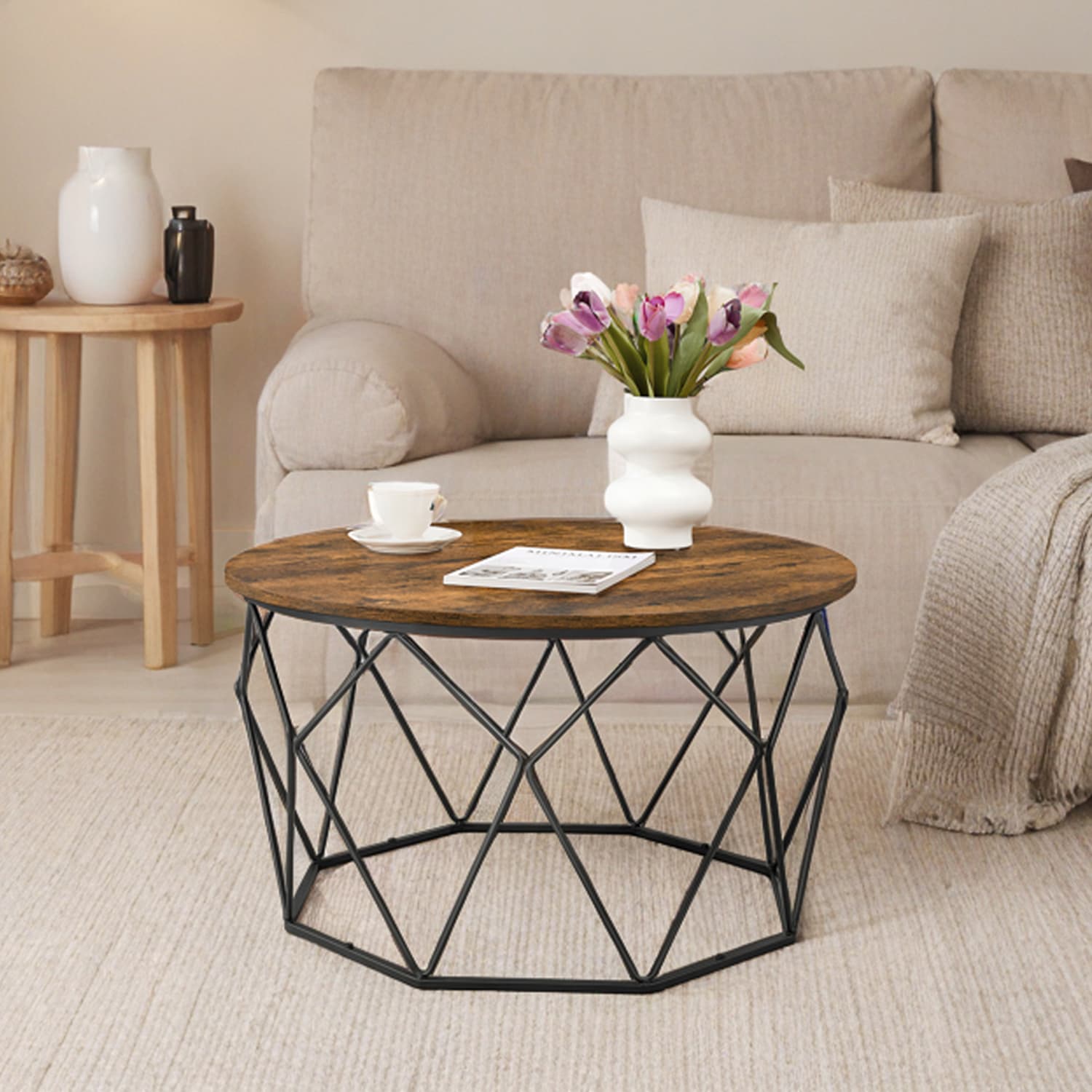 Round Coffee Table - Steel Frame - Rustic Brown and Black