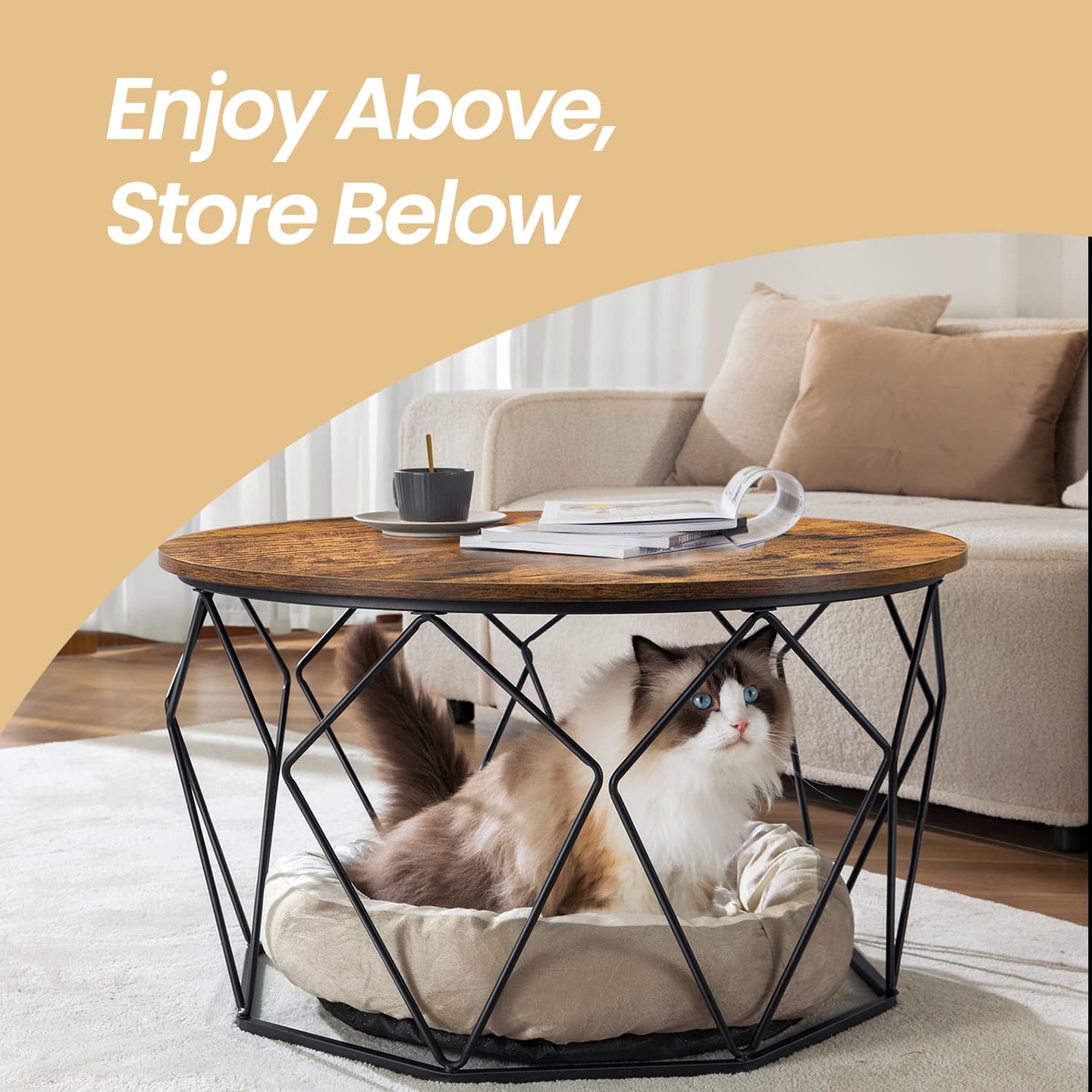 Round Coffee Table - Steel Frame - Rustic Brown and Black