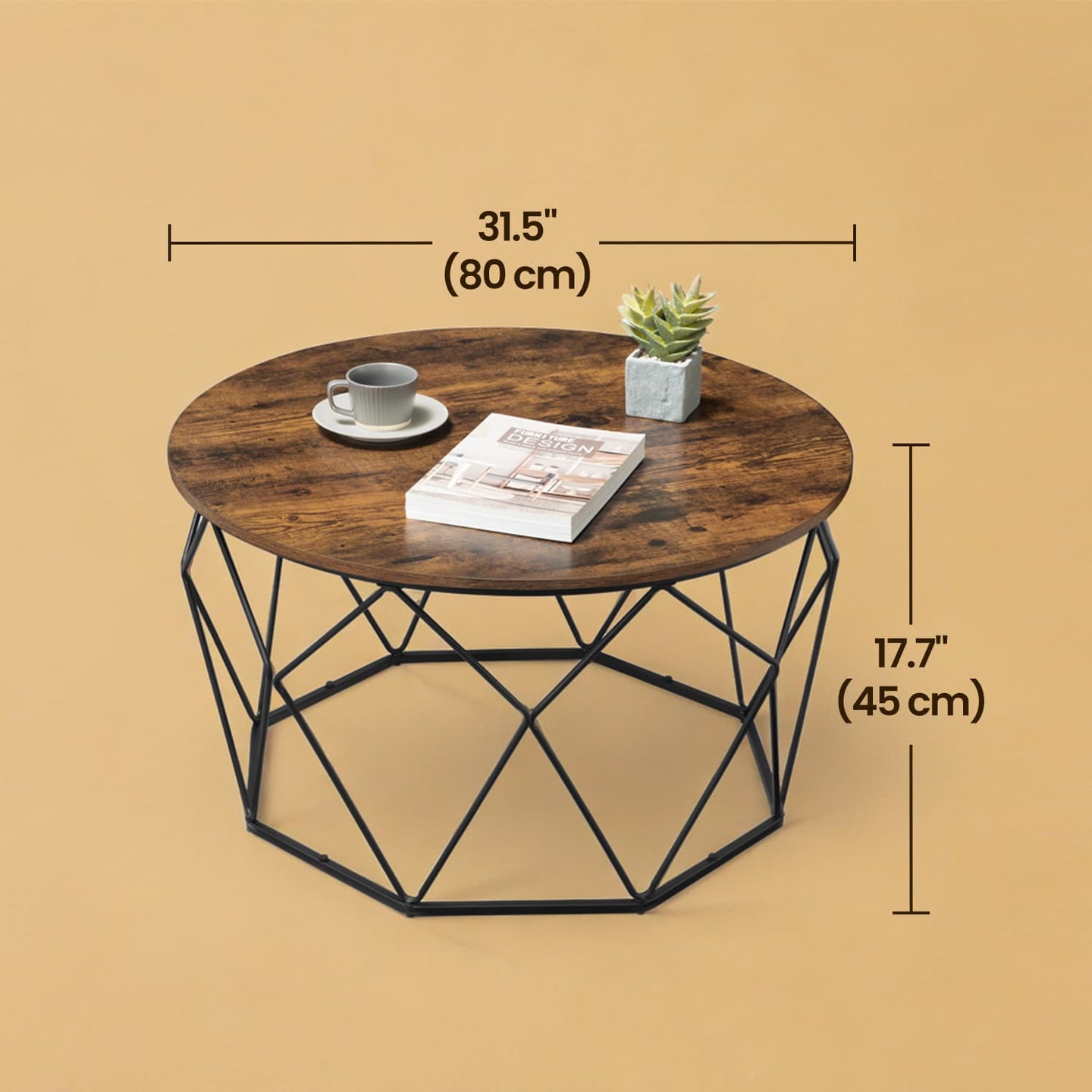 Round Coffee Table - Steel Frame - Rustic Brown and Black