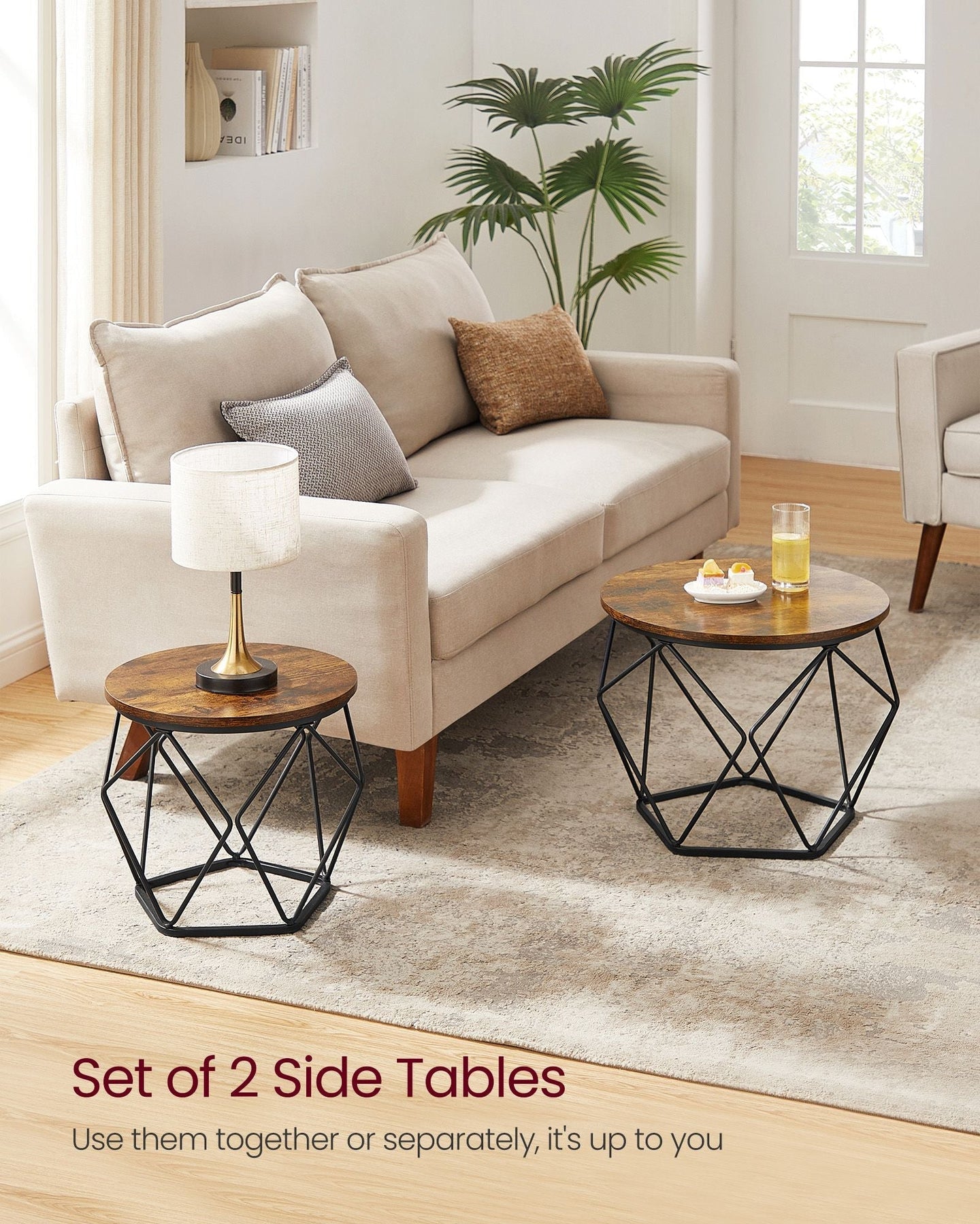 Set of 2 Round Coffee Tables - Steel - Rustic Brown & Ink Black - Robust Design for Living Room and Bedroom