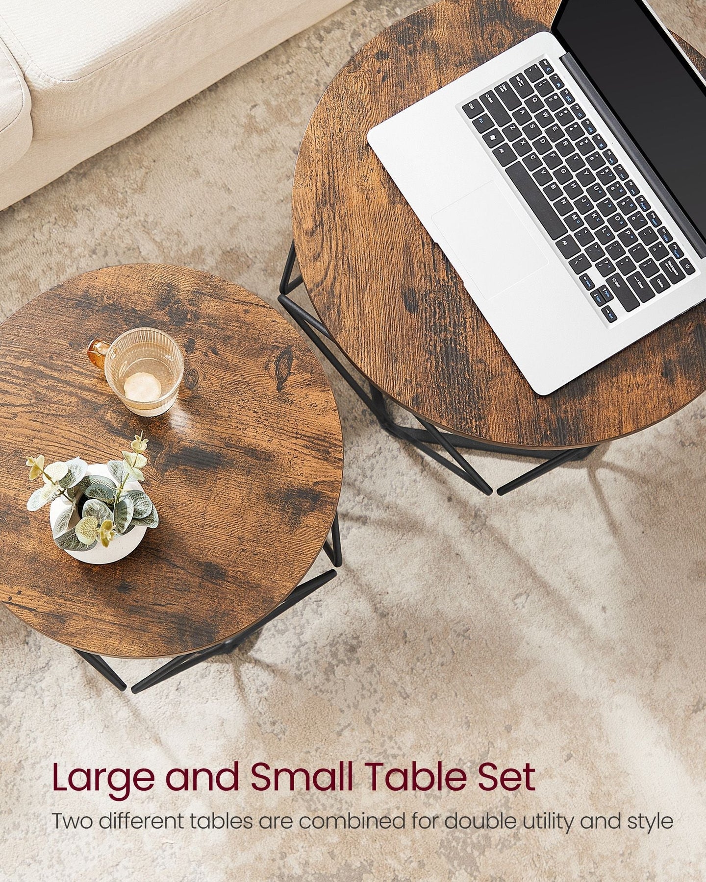 Set of 2 Round Coffee Tables - Steel - Rustic Brown & Ink Black - Robust Design for Living Room and Bedroom