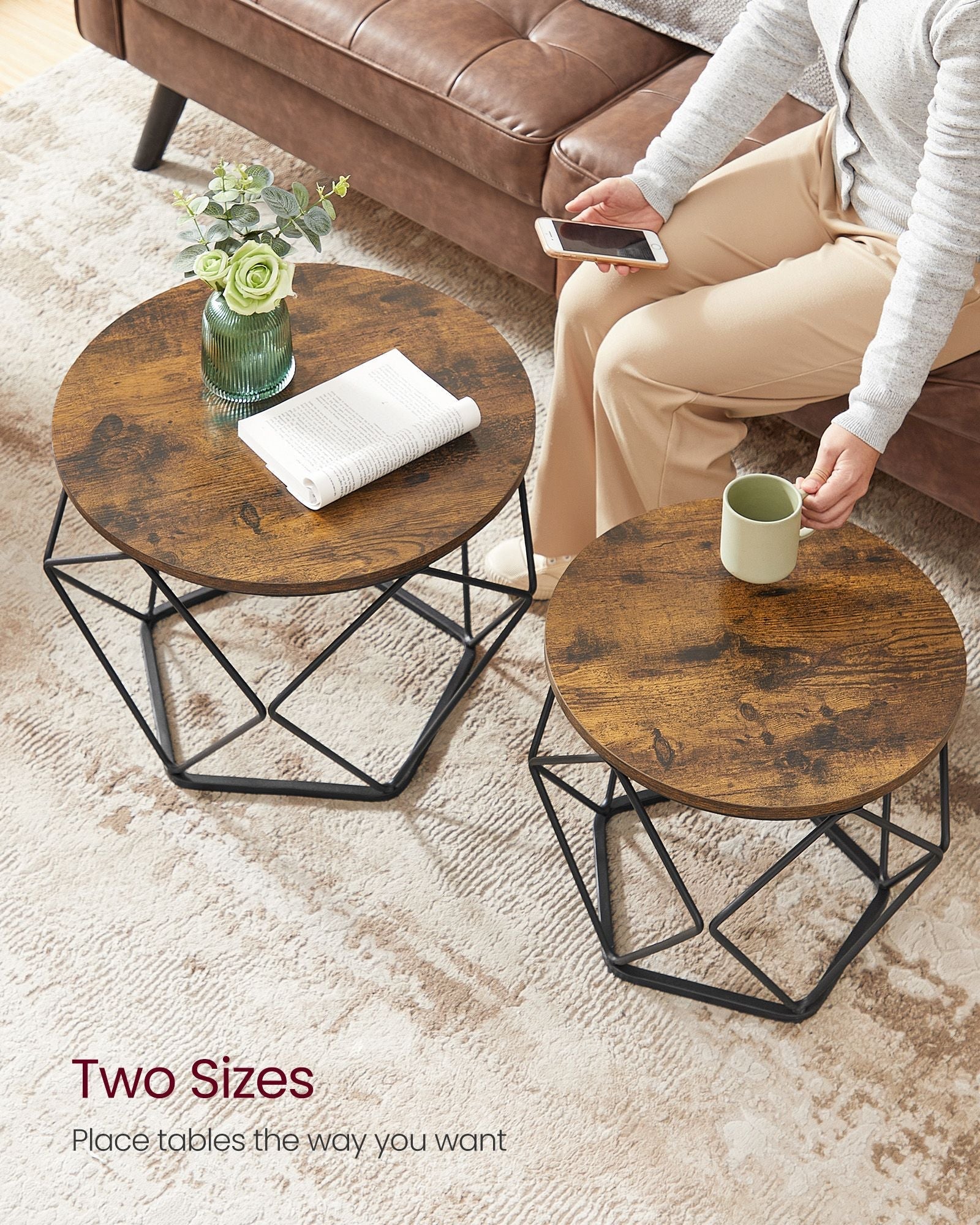 Set of 2 Round Coffee Tables - Steel - Rustic Brown & Ink Black - Robust Design for Living Room and Bedroom
