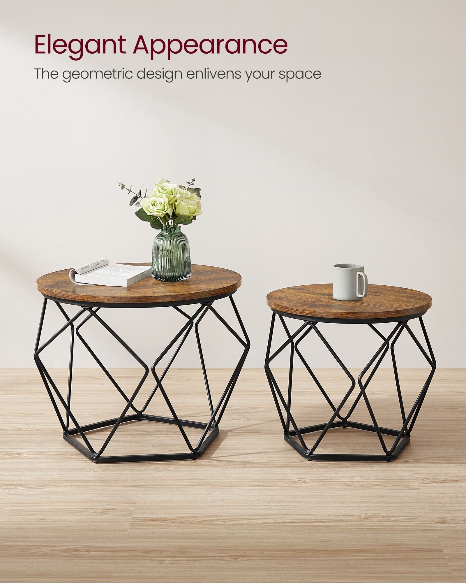 Set of 2 Round Coffee Tables - Steel - Rustic Brown & Ink Black - Robust Design for Living Room and Bedroom