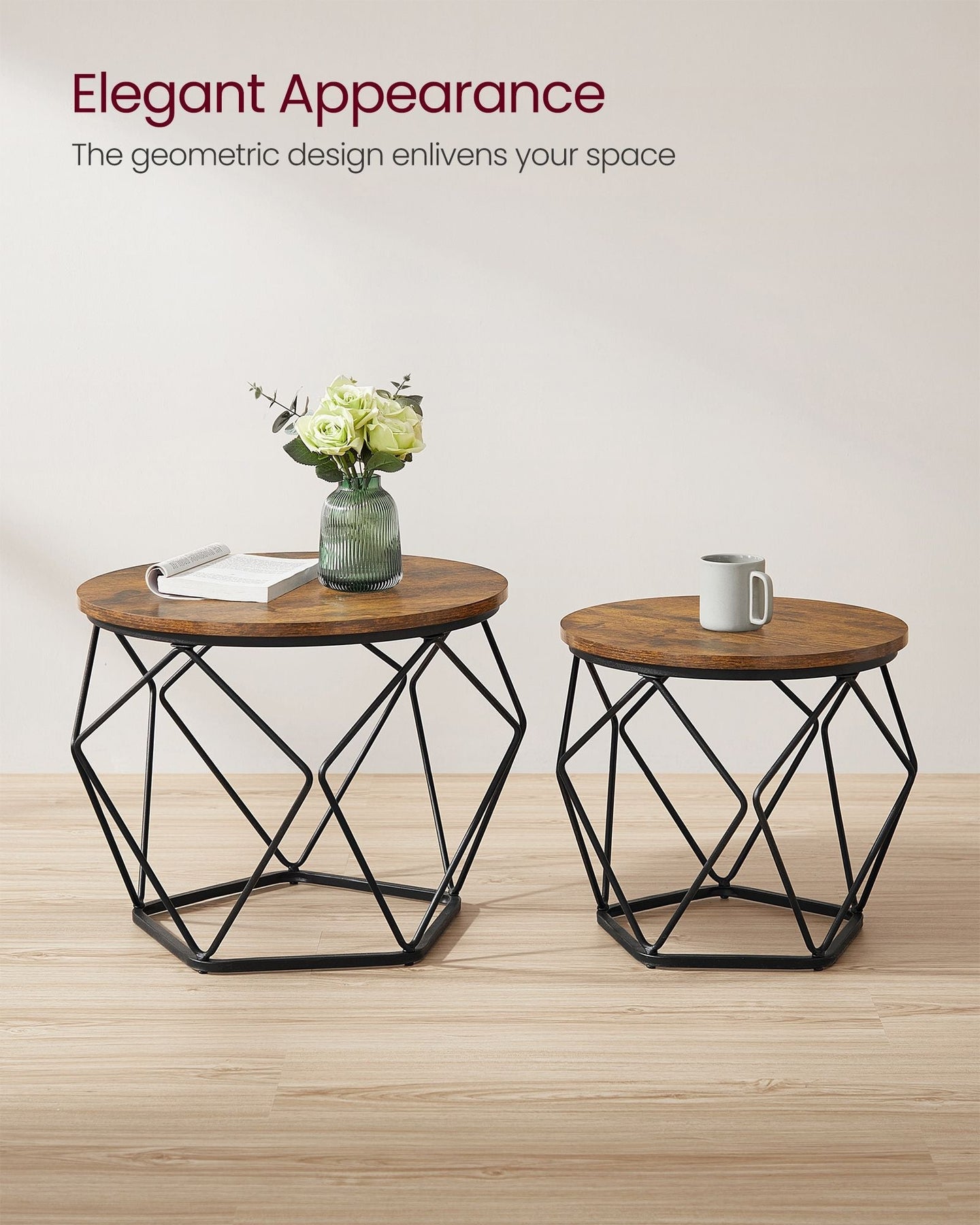 Set of 2 Round Coffee Tables - Steel - Rustic Brown & Ink Black - Robust Design for Living Room and Bedroom
