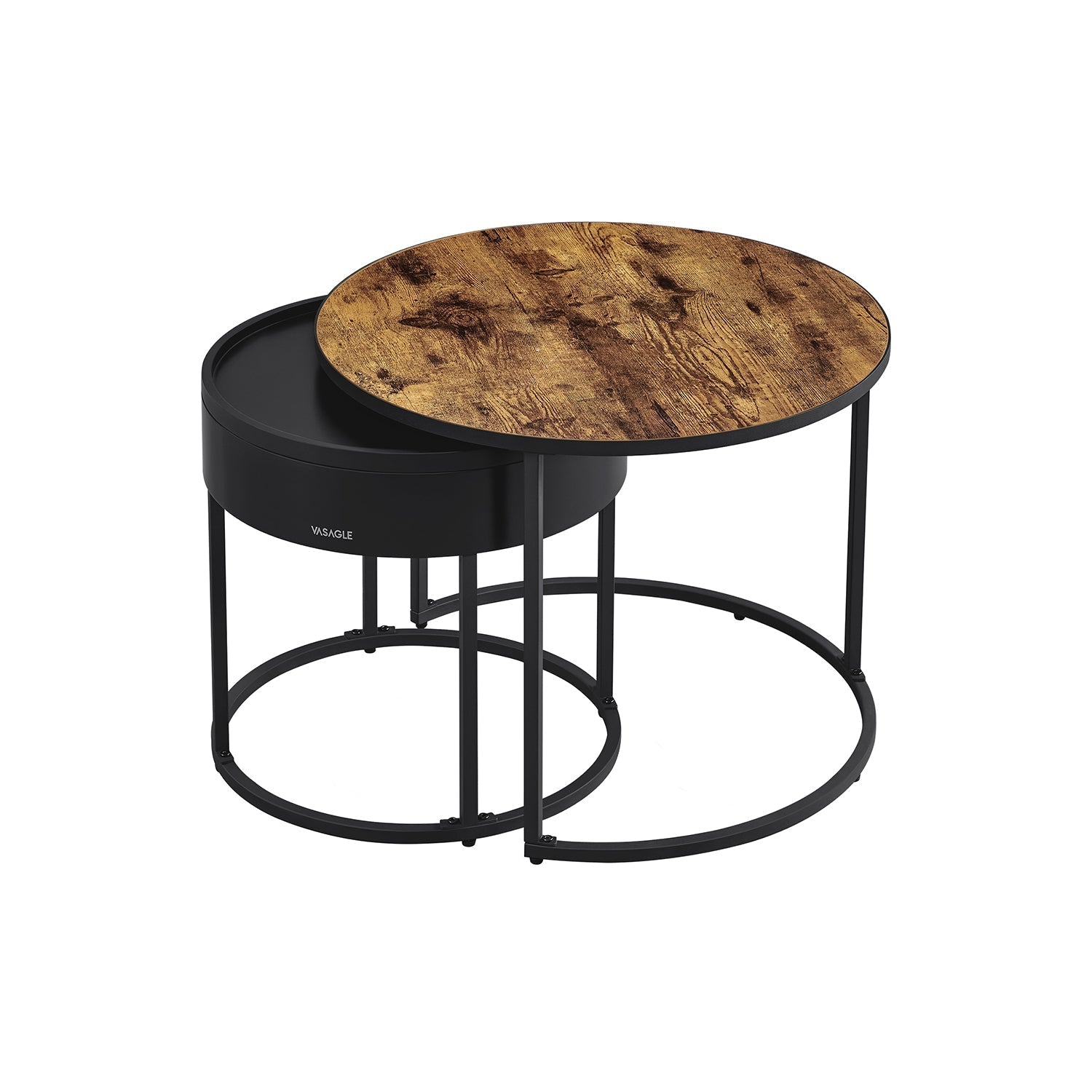 Set of 2 Round Nesting Tables - Wood - Rustic Brown - Hidden Storage and Top Tray