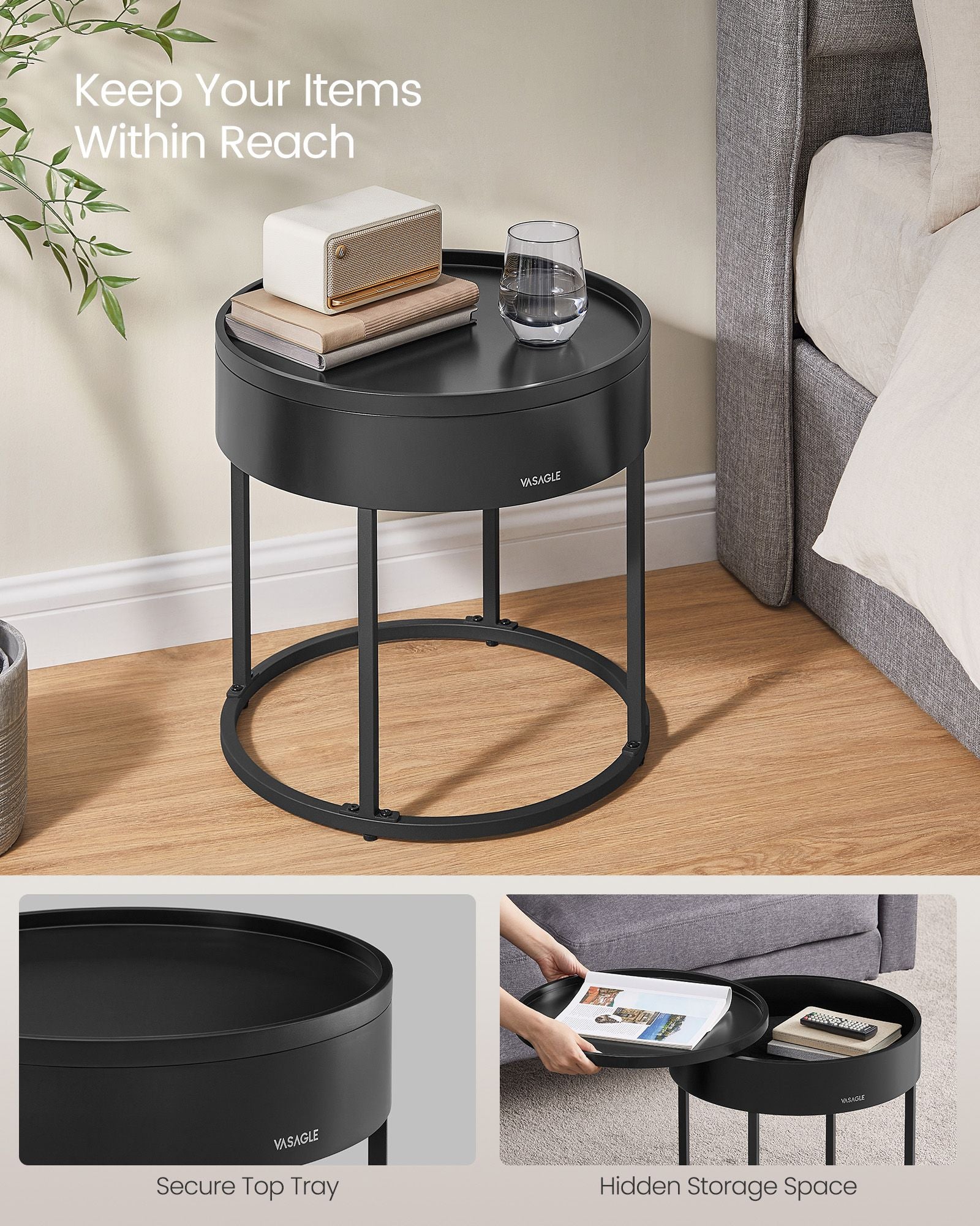 Set of 2 Round Nesting Tables - Wood - Rustic Brown - Hidden Storage and Top Tray