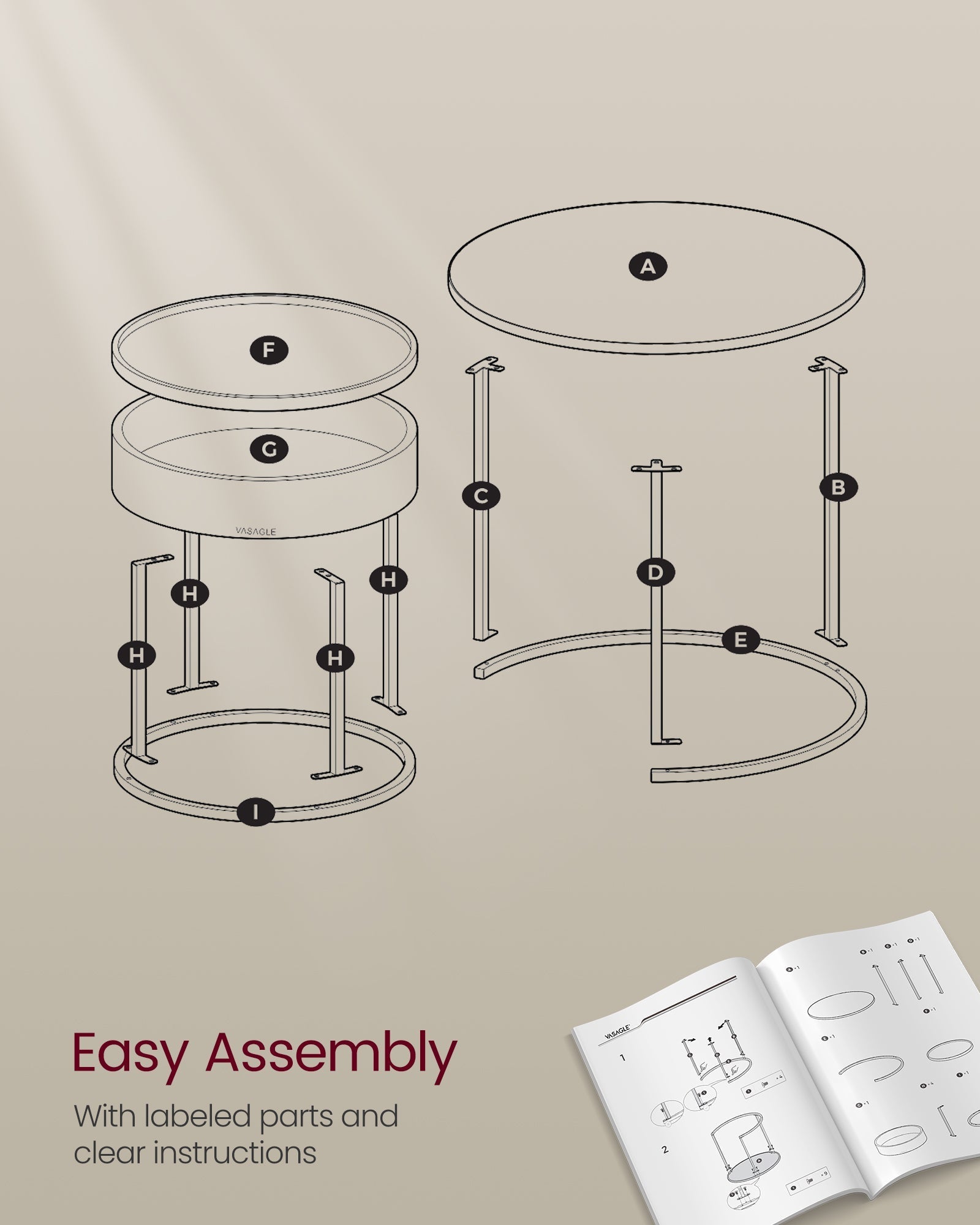 Set of 2 Round Nesting Tables - Wood - Rustic Brown - Hidden Storage and Top Tray