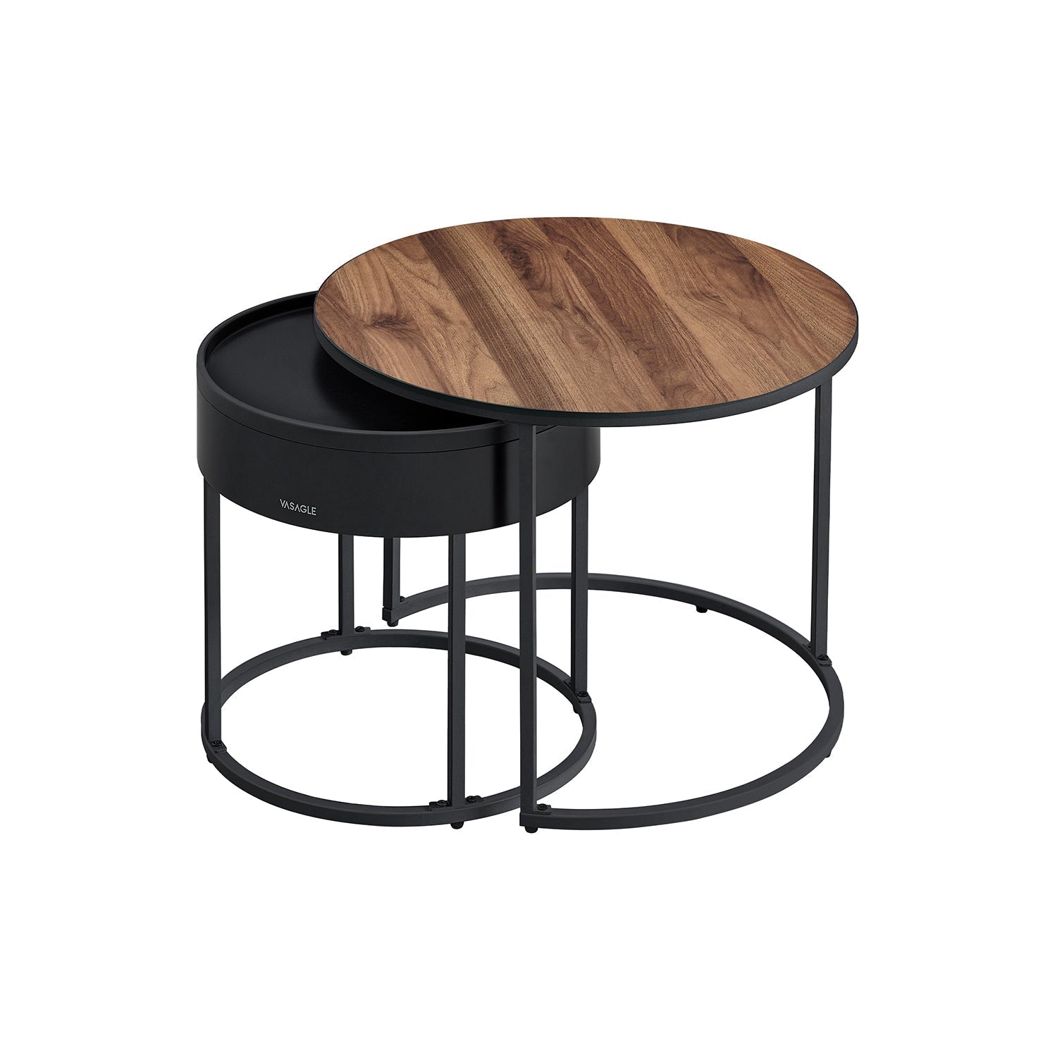 Set of 2 Round Nesting Tables - Wood - Rustic Brown - Hidden Storage and Top Tray