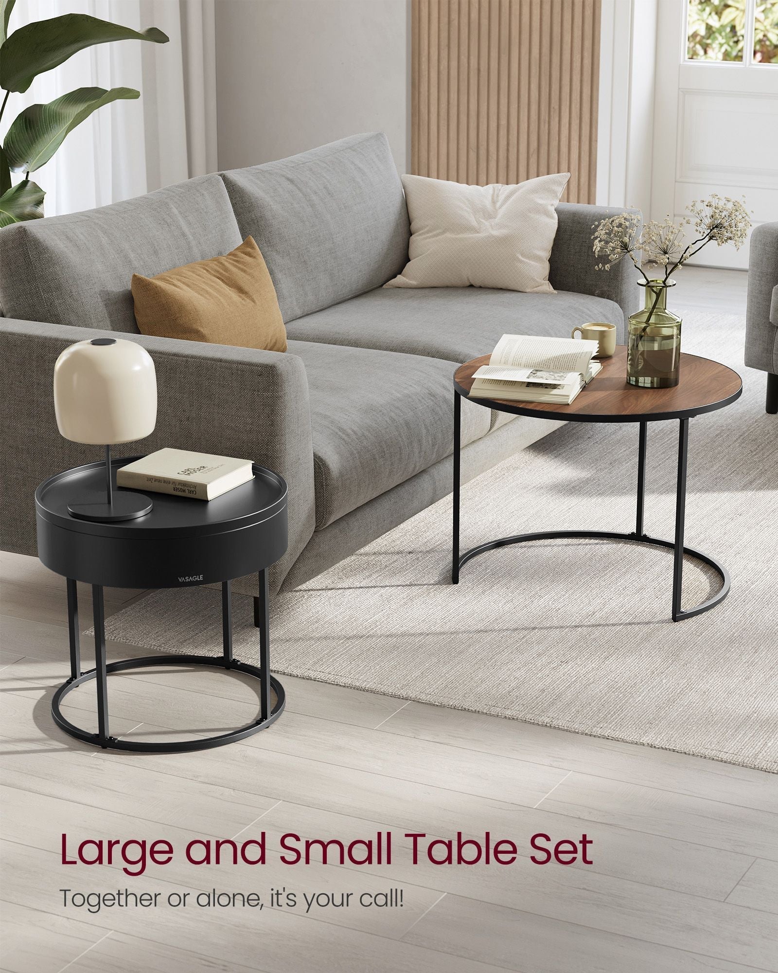 Set of 2 Round Nesting Side Tables - Natural Walnut - Modern Style with Hidden Storage and Top Tray
