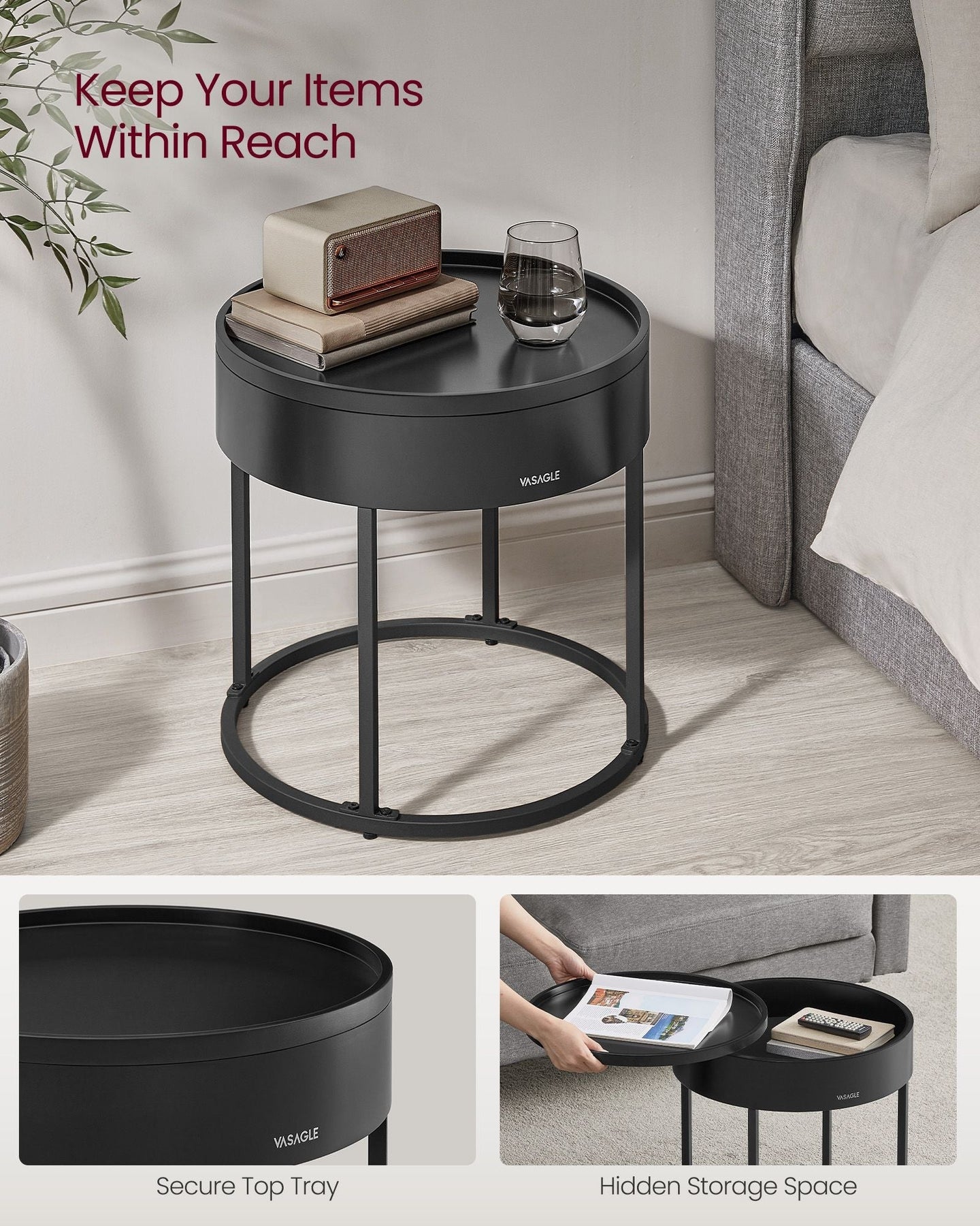 Set of 2 Round Nesting Side Tables - Natural Walnut - Modern Style with Hidden Storage and Top Tray