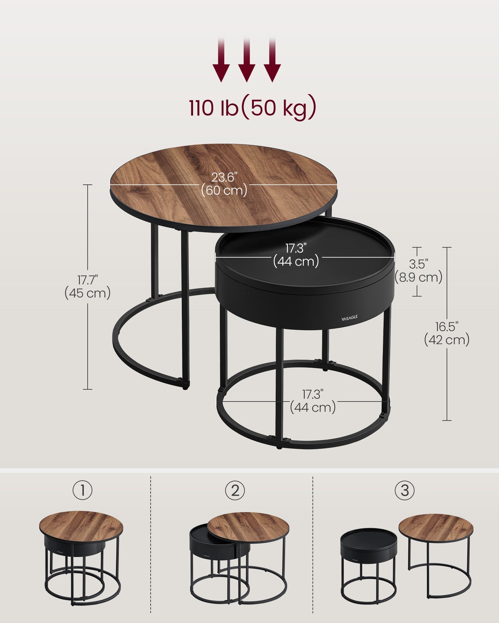 Set of 2 Round Nesting Side Tables - Natural Walnut - Modern Style with Hidden Storage and Top Tray