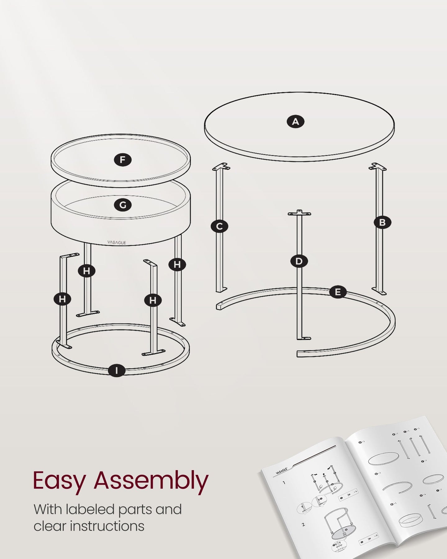 Set of 2 Round Nesting Side Tables - Natural Walnut - Modern Style with Hidden Storage and Top Tray