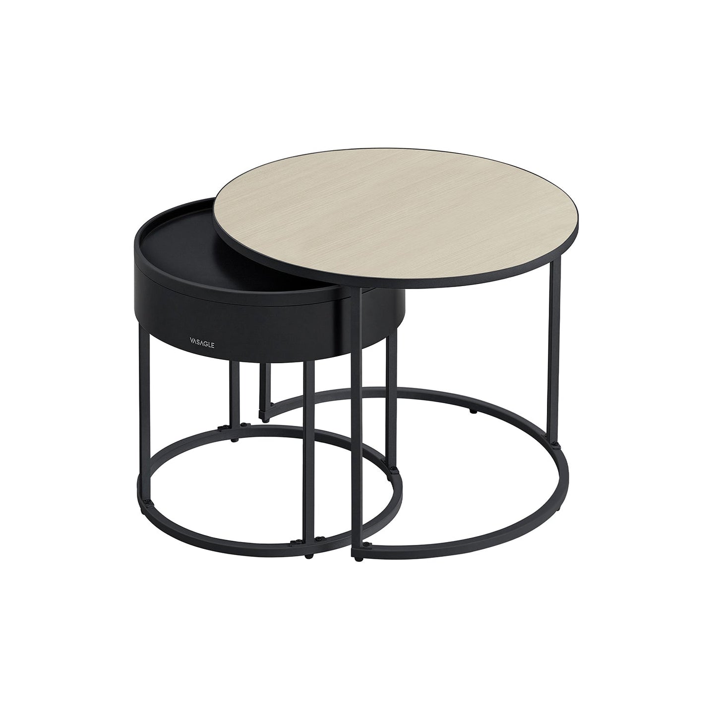 Set of 2 Round Side Tables - Natural Beige - Nesting Design with Hidden Storage and Top Tray
