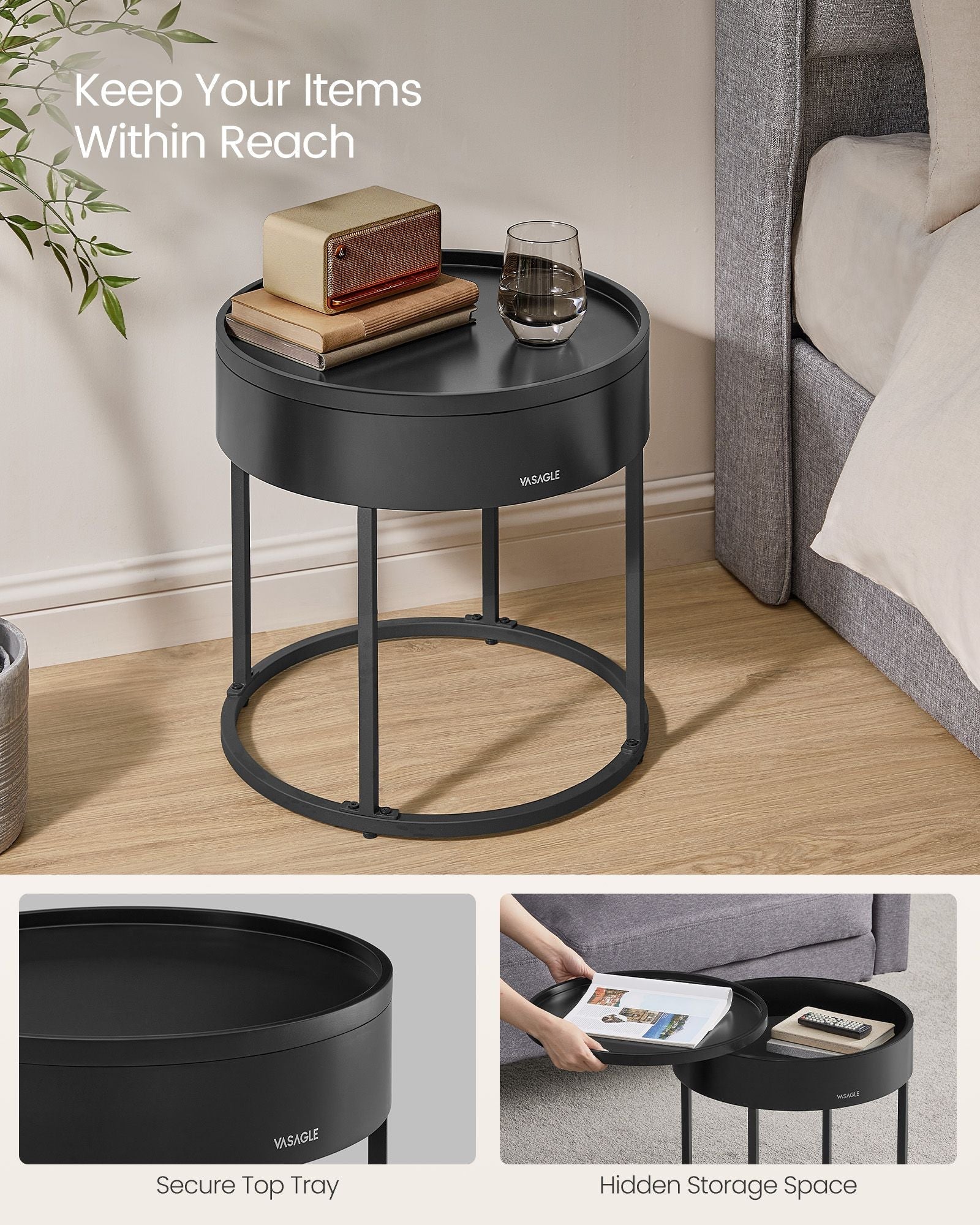 Set of 2 Round Side Tables - Natural Beige - Nesting Design with Hidden Storage and Top Tray