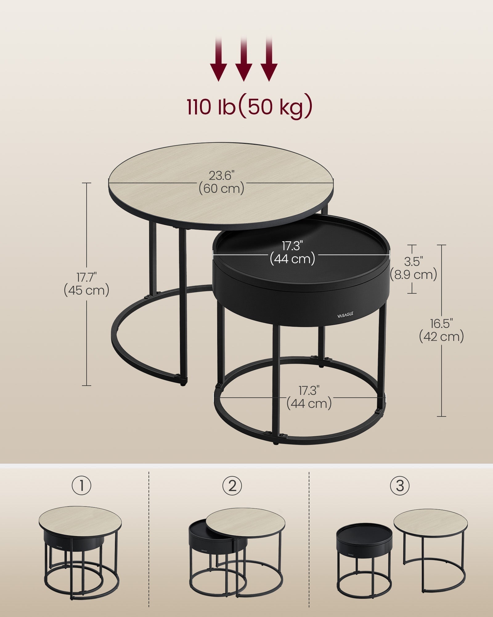 Set of 2 Round Side Tables - Natural Beige - Nesting Design with Hidden Storage and Top Tray