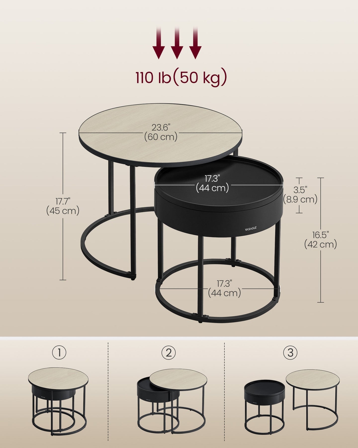 Set of 2 Round Side Tables - Natural Beige - Nesting Design with Hidden Storage and Top Tray