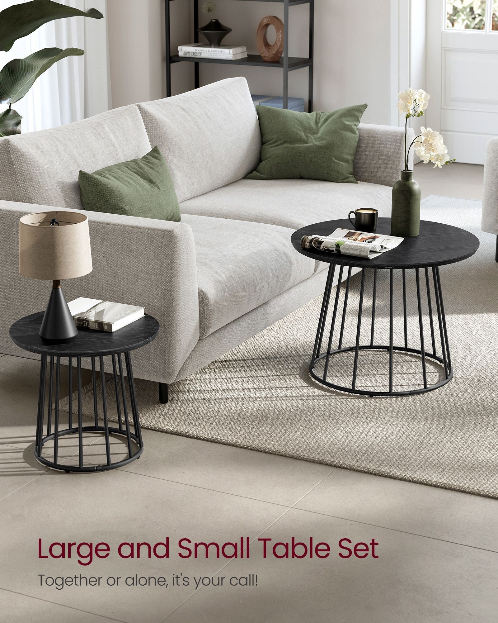 Set of 2 Round Side Tables - Steel Frame - Rustic Brown