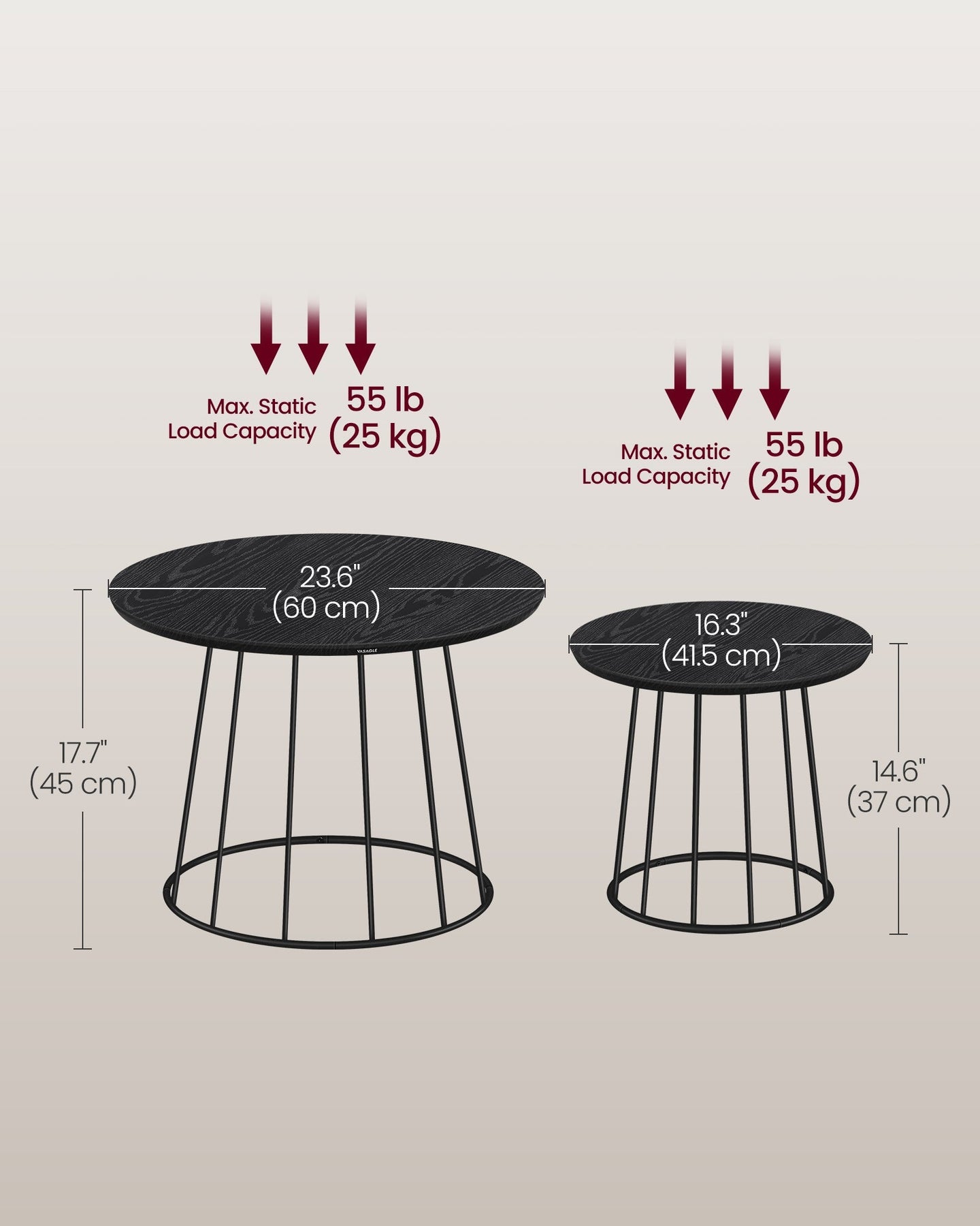 Set of 2 Round Side Tables - Steel Frame - Rustic Brown