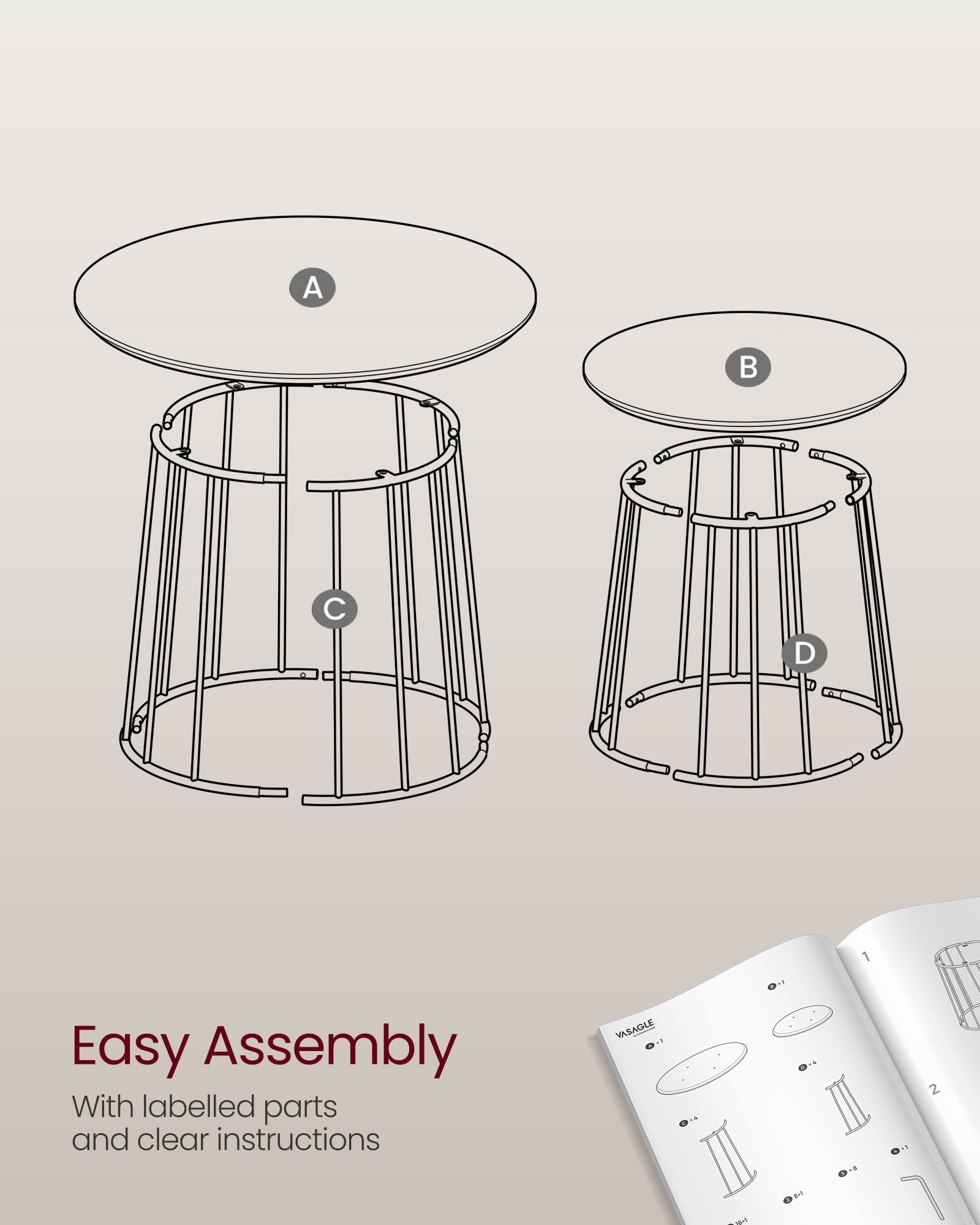 Set of 2 Round Side Tables - Steel Frame - Rustic Brown