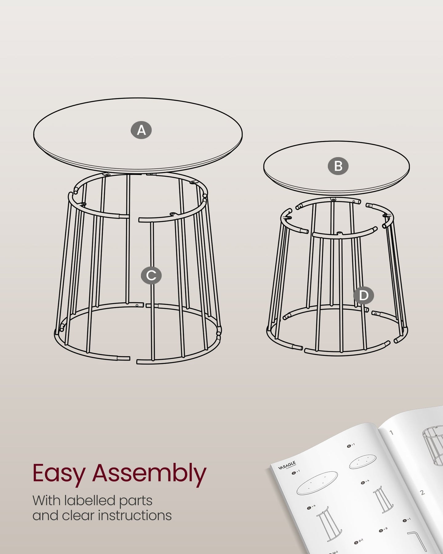 Set of 2 Round Side Tables - Steel Frame - Rustic Brown